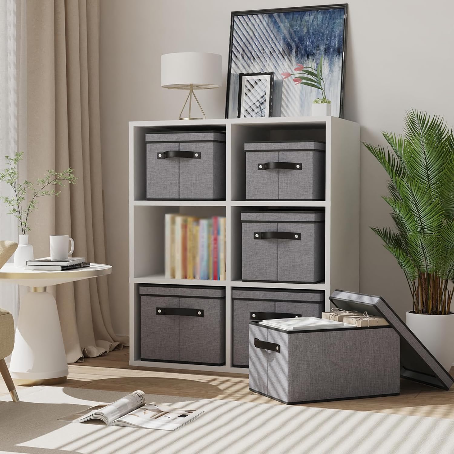 Storage Boxes, 15 x 9.8 x 8.3 Inch Baskets for Organizing with Lids, Fabric Bins with Handles, Decorative Linen Closet Organizers, Gray, 3 Pack