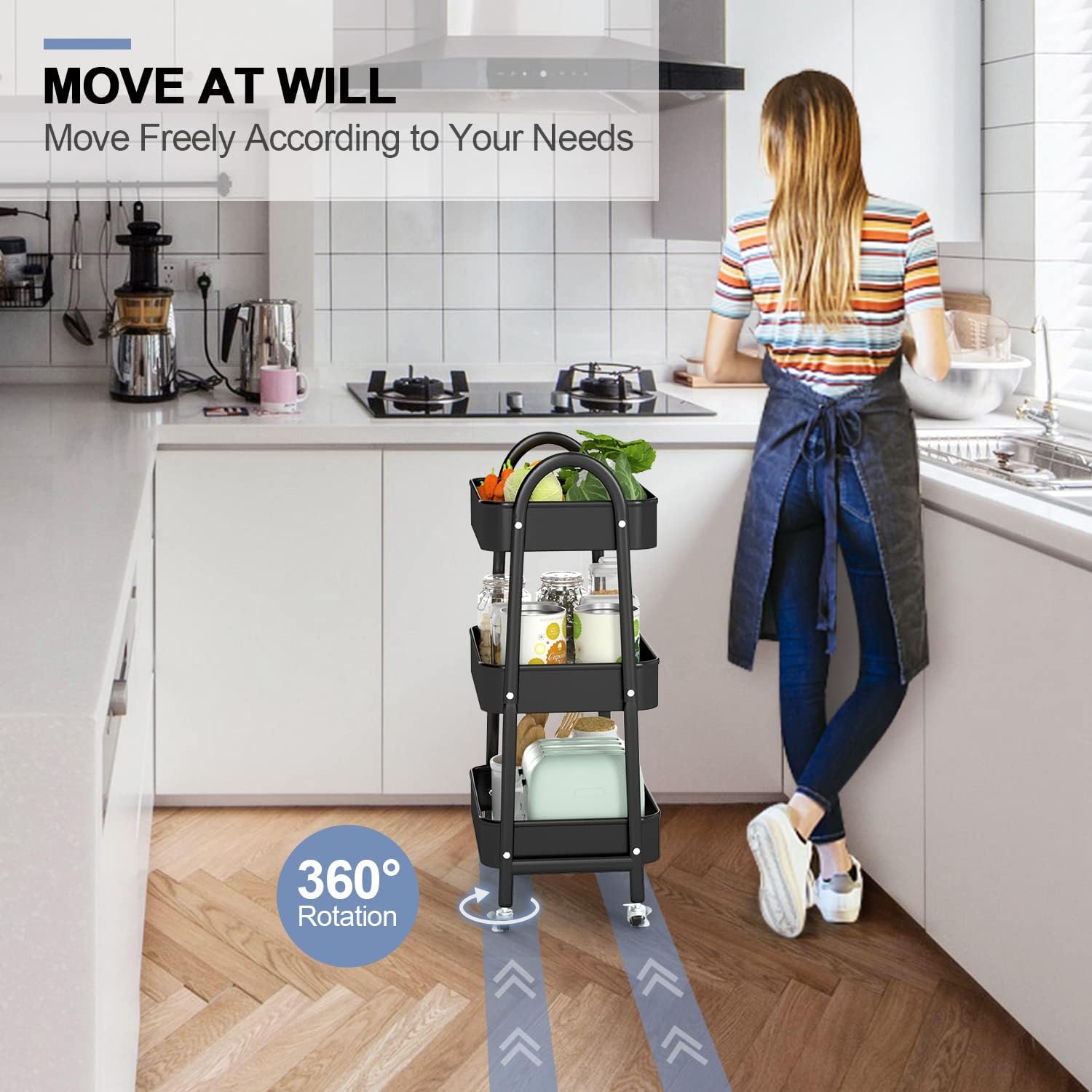 EAGMAK 3 Tier Utility Rolling Cart, Metal Storage Cart with Handle and Lockable Wheels, Multifunctional Storage Organizer Trolley with Mesh Baskets for Kitchen, Living Room, Office, Garage (Black)