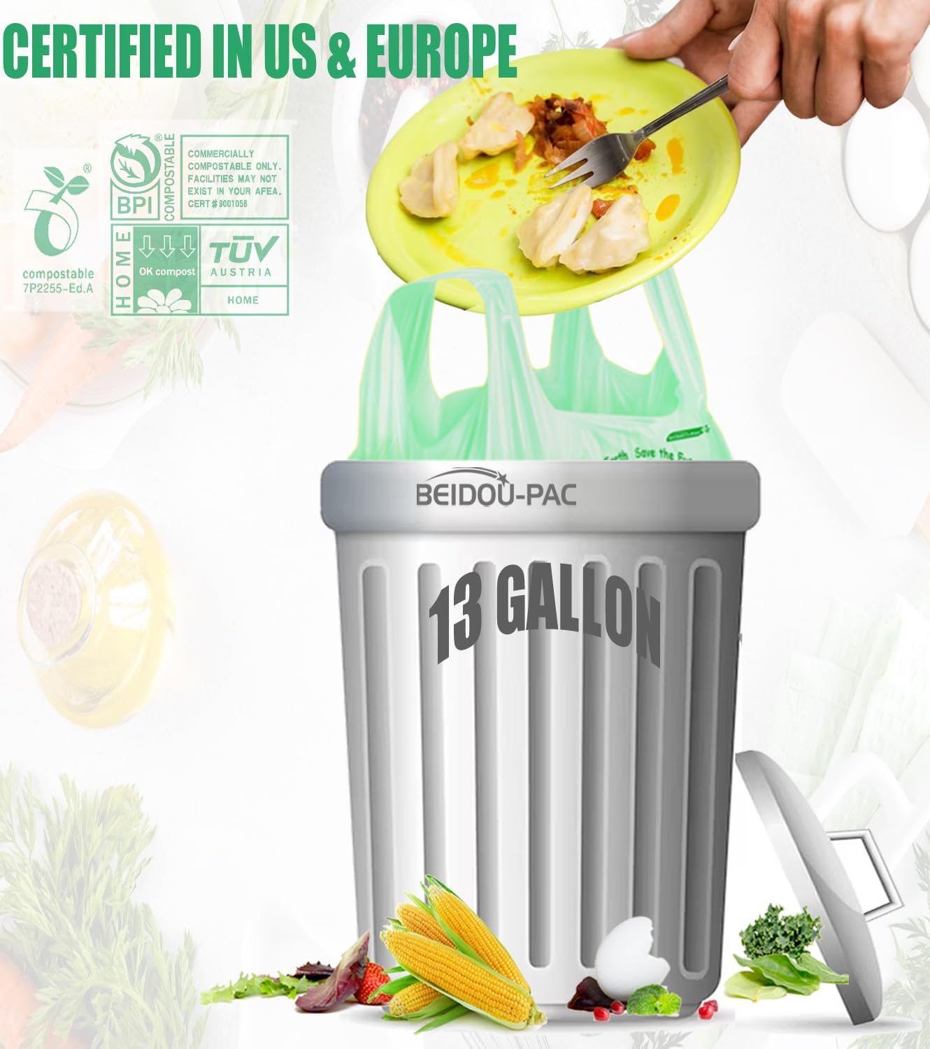 13 Gallon Compostable Tall Kitchen Trash Bags with Handle, 50 Count, Sturdy Biodegradable Garbage Bags for Food Scrap Waste, ASTM D6400, US BPI Certified