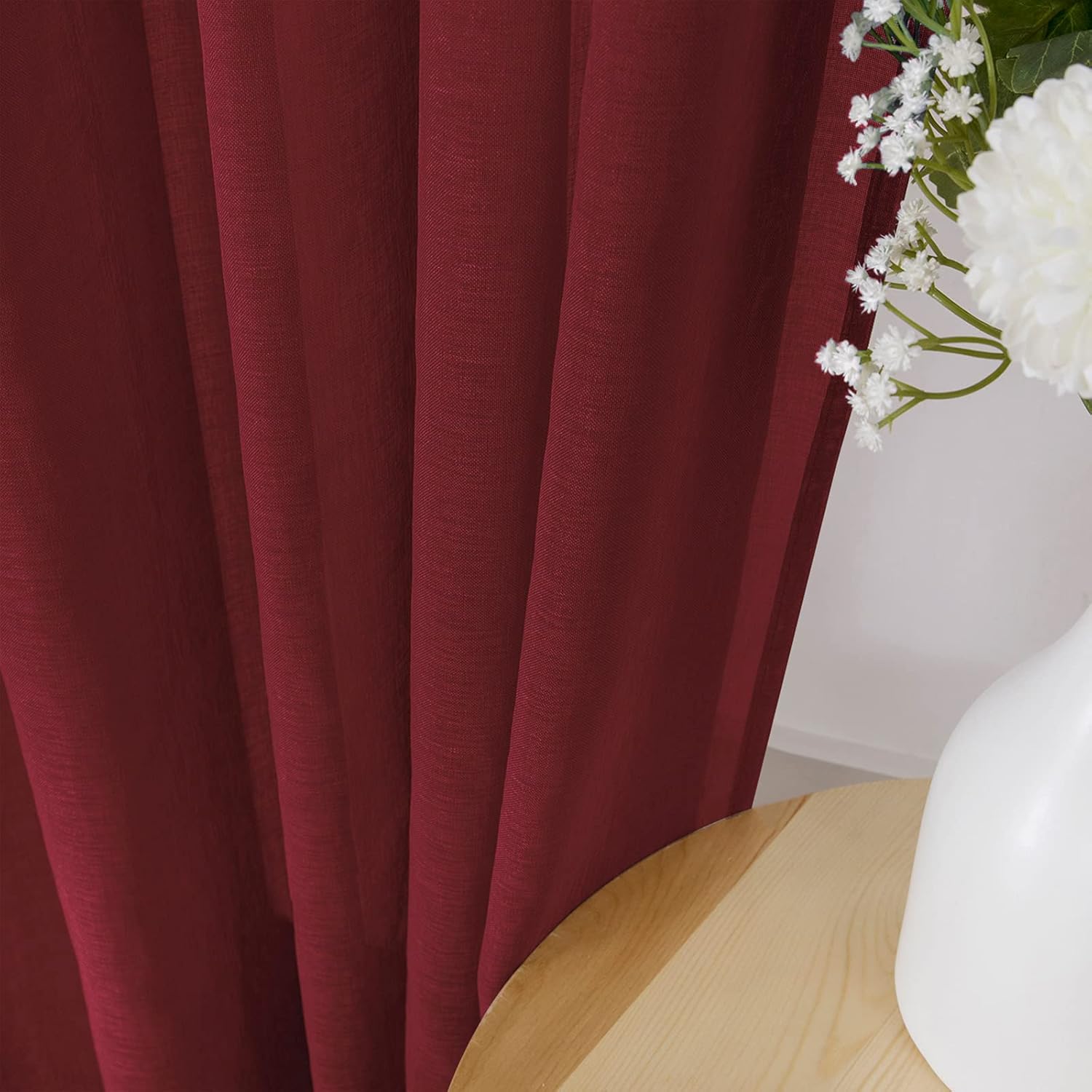 Tollpiz Sheer Curtains Bedroom Linen Textured Curtain Sheers Light Filtering Voile Rod Pocket Curtains for Living Room, 38 x 84 inches Long, Burgundy Red, Set of 2 Panels