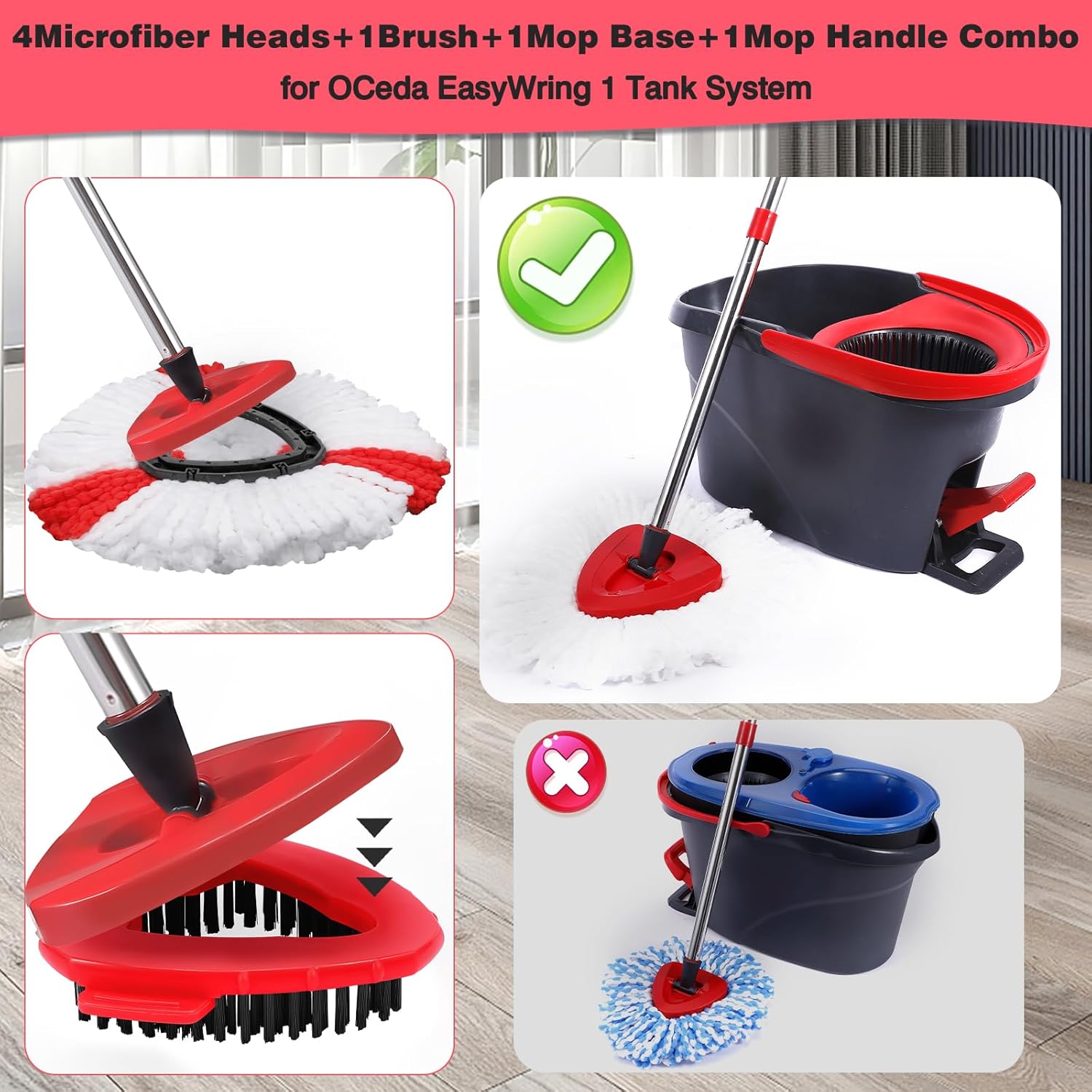 Mop Heads Replacements Complete Combo for O-Ceda,4 Pcs Red Machine Washable Microfiber Spin Mop Refills Replace Heads,1 Scrub Brushs,1 Base,1 Set Handle,Spin Mop Replacements for Tub and Tile Cleaning