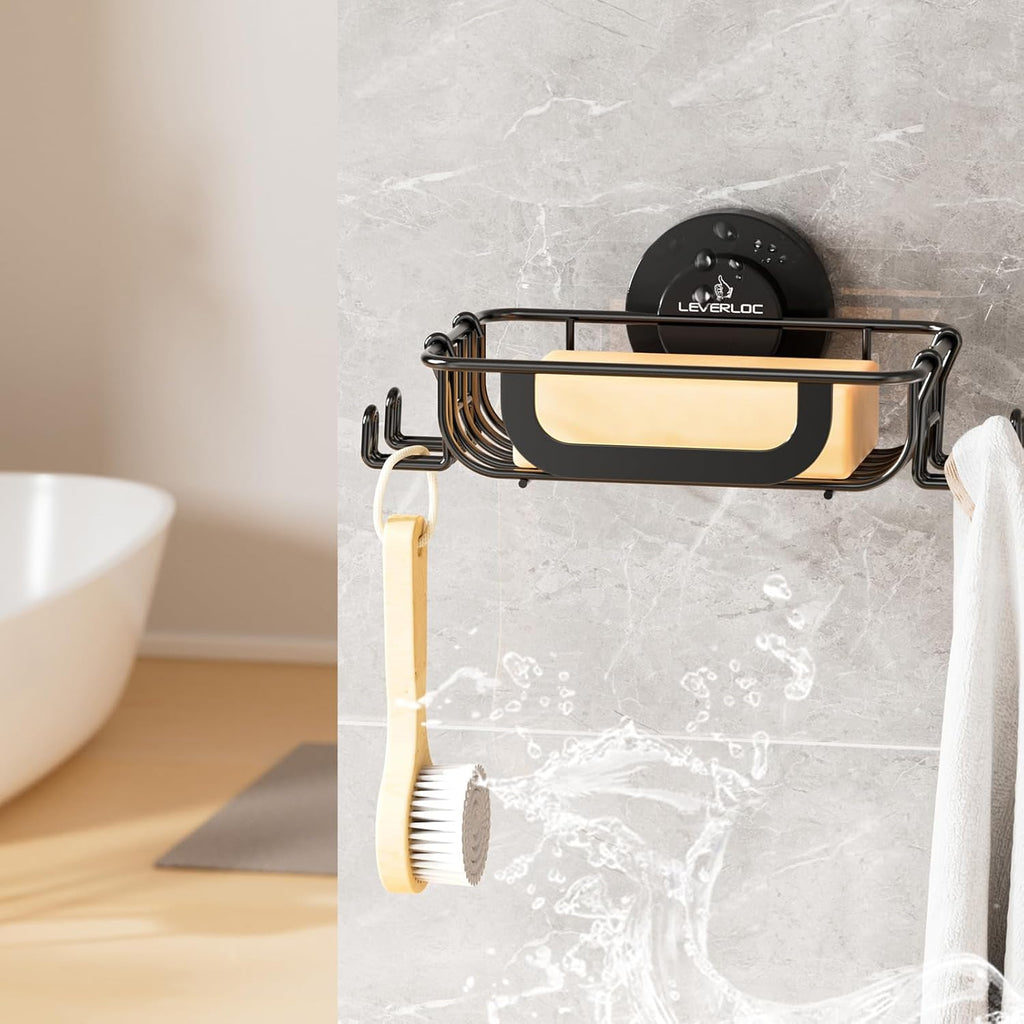 LEVERLOC Soap Holder Dish for Shower Wall, Bar Suction Cup Soap Saver Tray with Hooks, Rust Proof Draining Stainless Steel for Bathroom Bathtub Kitchen Sink & Bath Organizers, Black