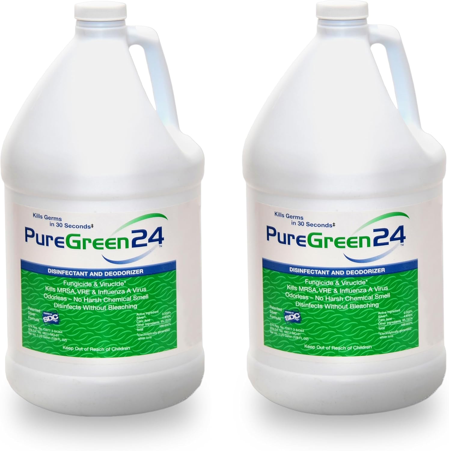 PureGreen24 Safe & Effective Disinfectant. Kills Deadly Germs including RSV COVID-19 Norovirus MRSA Staph 2025 flu Contains no toxic chemicals odorless child & pet safe 2 gallon bottles ready to use
