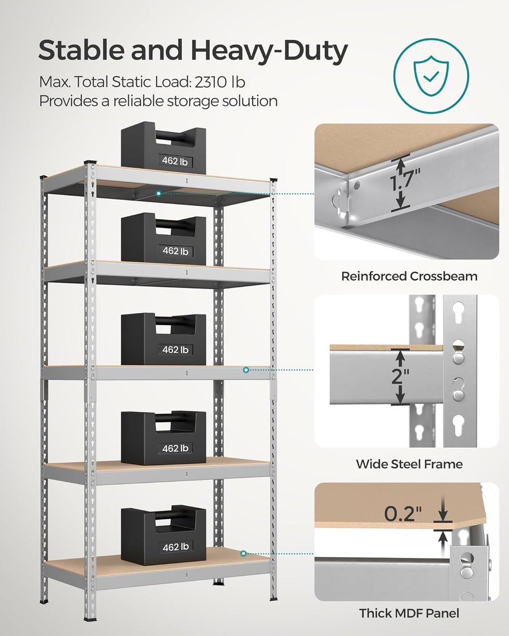 SONGMICS 5-Tier Storage Shelves, Load 2310 lb, Set of 2 Garage Storage, Boltless Assembly, Adjustable Shelving Unit, 17.7 x 35.4 x 70.9 Inches, for Study Shed Basement, Silver UGLR450E02