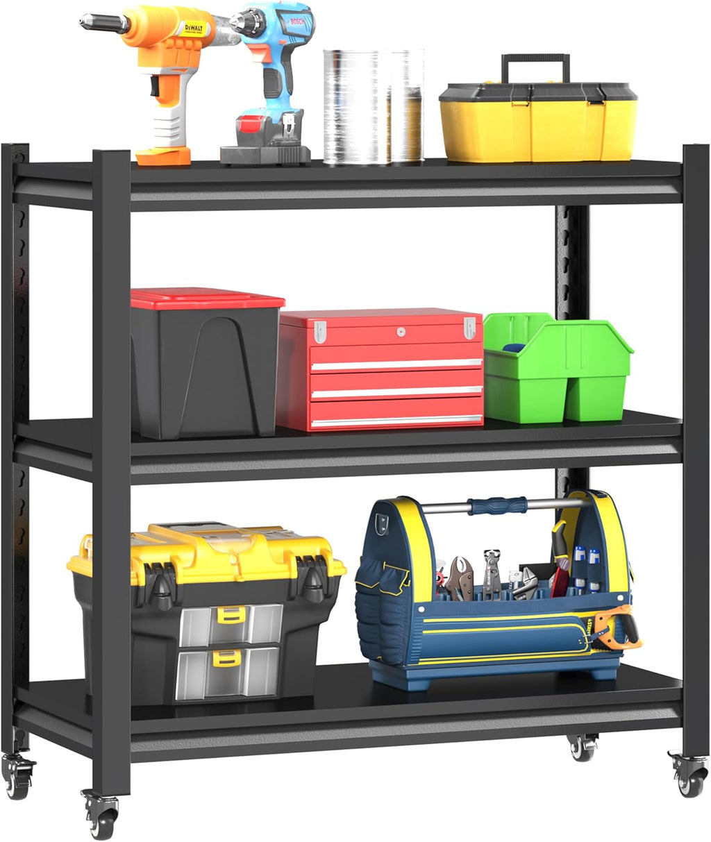 3 Tier Adjustable Garage Storage Shelving,Heavy Duty Utility Rack Shelf Unit on 4 Wheel Casters,Standing shelves for Garage, Home, Pantry,Kitchen,Warehouse,Bathroom & Laundry,Storage Rack - Black