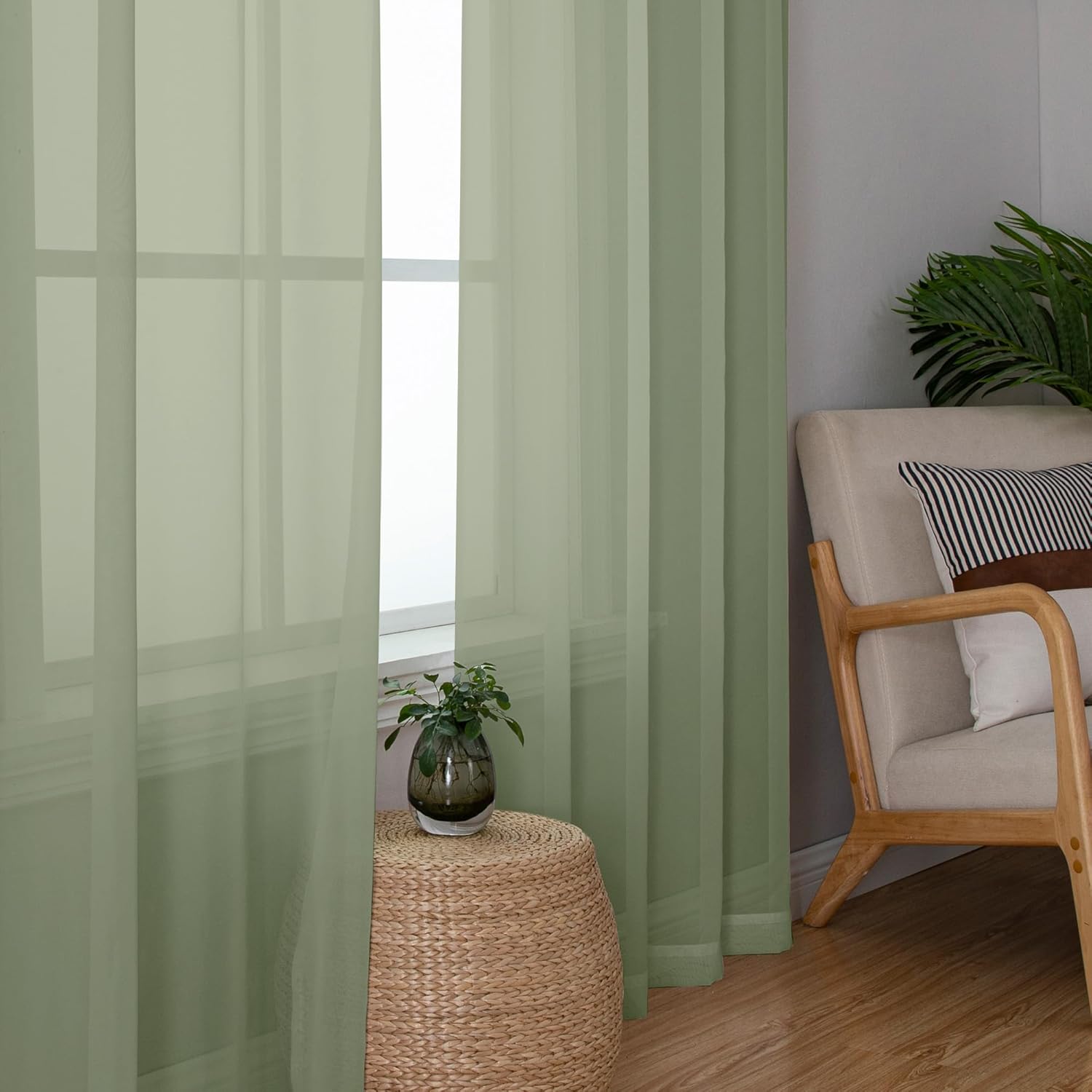 Chyhomenyc Sage Green Sheer Curtains 63 Inch Length 2 Panels, Light Filtering Airy Breathable Rod Pocket Voile Window Drapes for Bedroom Living Room, Each 42x63 Inch，Set of 2