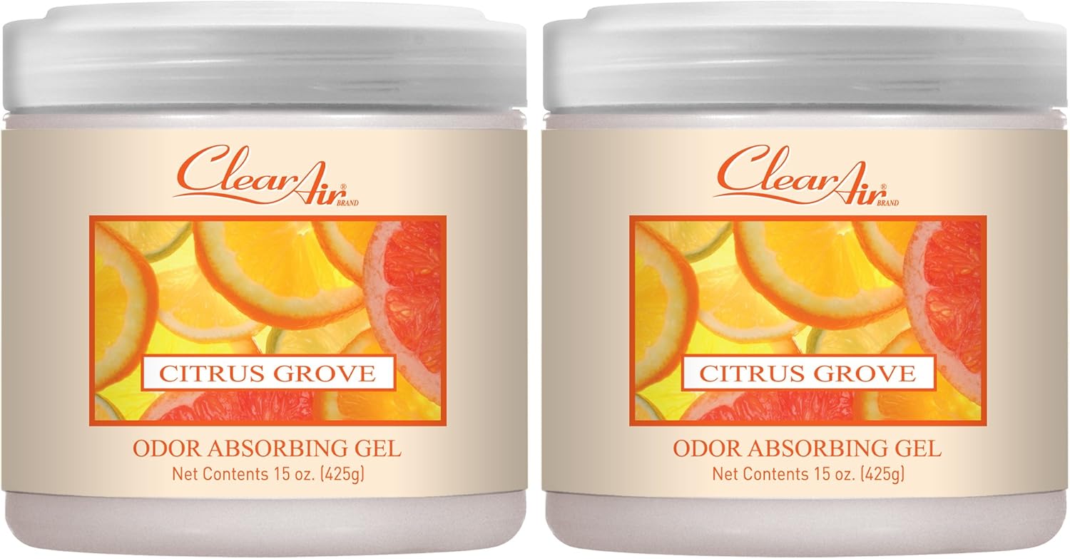 Clear Air Odor Absorber Gel - 15 oz, Pack of 2 - Air Freshener Absorbs and Eliminates Odors in Bathrooms, Cars, Boats, RVs and Pet Areas - Made with Essential Oils - Citrus Grove Scent