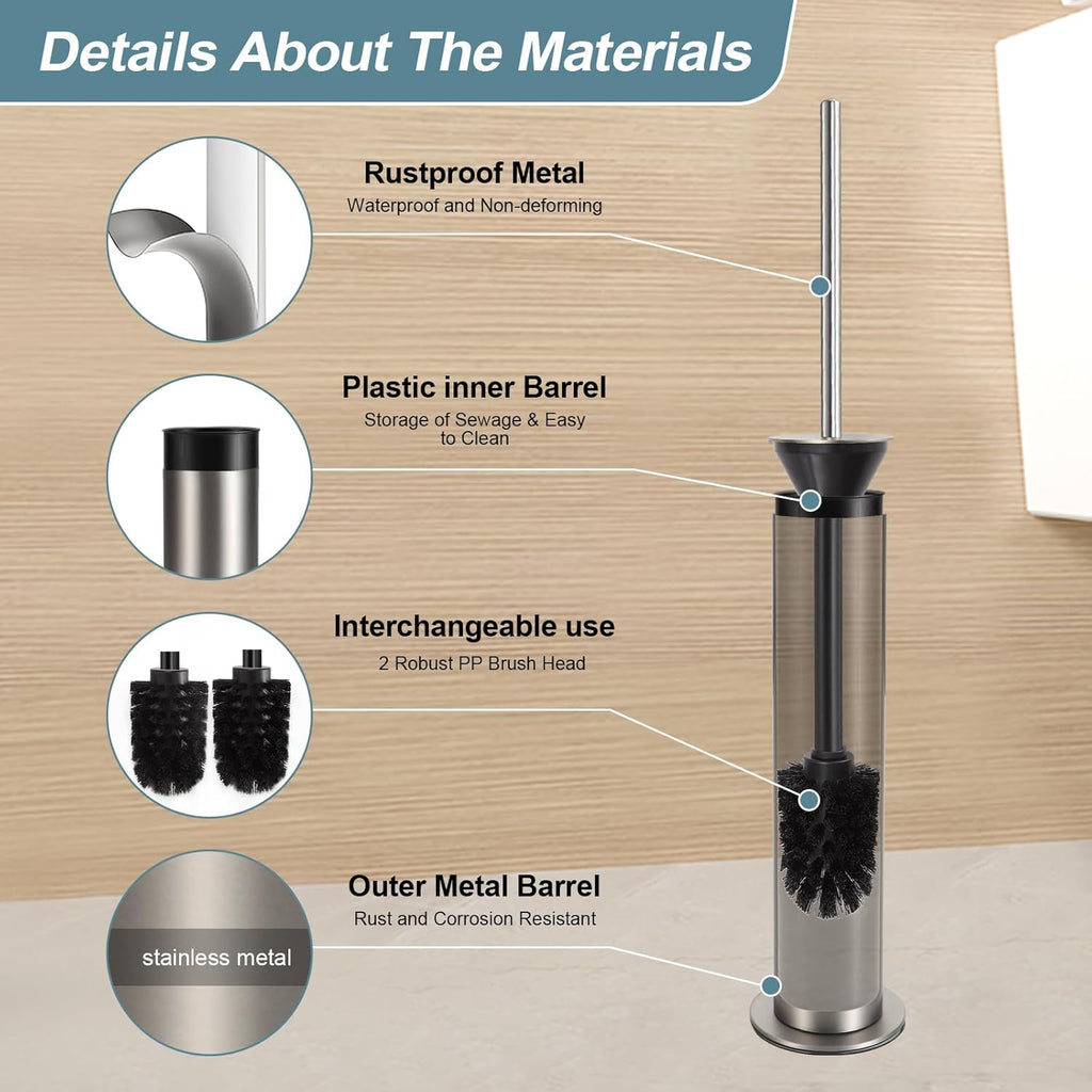 BGL Toilet Brush and Holder Set, Heavy Duty 304 Stainless Steel, Round Base and Long Handle for Bathroom Deep Cleaning, Drip-Proof, Space Saving for Storag, Stainless Steel