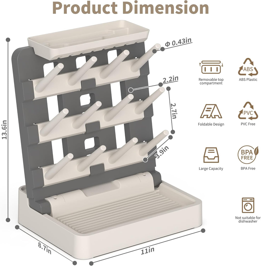 Baby Bottle Drying Rack, Vertical Standing Bottle Dryer Rack Holder-Space Saving Baby Bottle Drying Rack for Countertop-Holds Up to 12 Baby Bottles & Cup(Gray & Khaki)