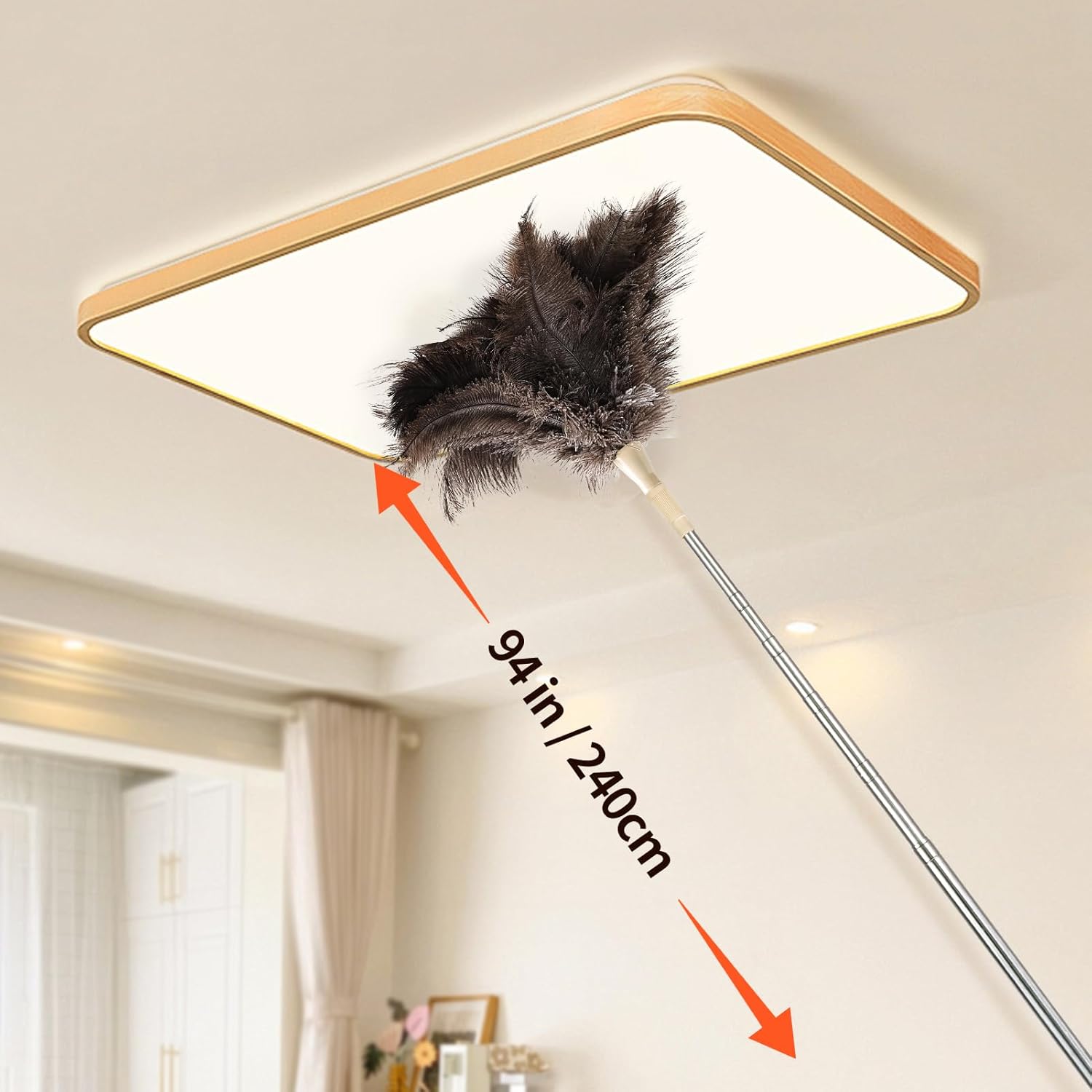 Extendable Cleaning Duster 94 Inch - Long Telescoping Ostrich Feather Dusters with Stainless Steel Extension Pole for High Ceiling Fan, High Ceilings,Roof Dusting