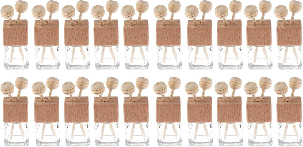 20 Pack,8ml Clear Glass Car Air Freshener Perfume Clip Diffuser,Empty Essential Oil Perfume Vials Diffuser Vent Outlet,Thick Glass Ornament with Wooden Caps,Free Funnel,Dropper