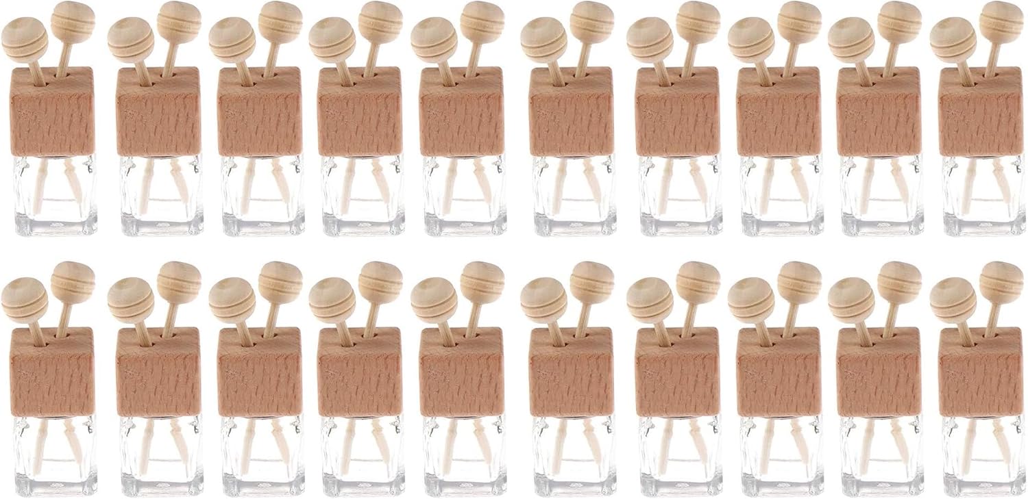 20 Pack,8ml Clear Glass Car Air Freshener Perfume Clip Diffuser,Empty Essential Oil Perfume Vials Diffuser Vent Outlet,Thick Glass Ornament with Wooden Caps,Free Funnel,Dropper