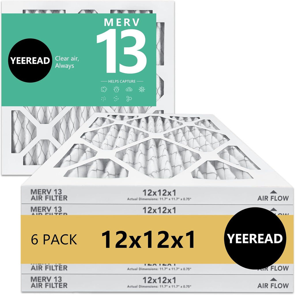 12x12x1 MERV 13 Air Filters, 6-Pack, Actual Size: 11.7" x 11.7" x 0.75", Pleated Design with Enhanced Filter Media for Superior Filtration,Perfect for HVAC, AC & Furnace Systems