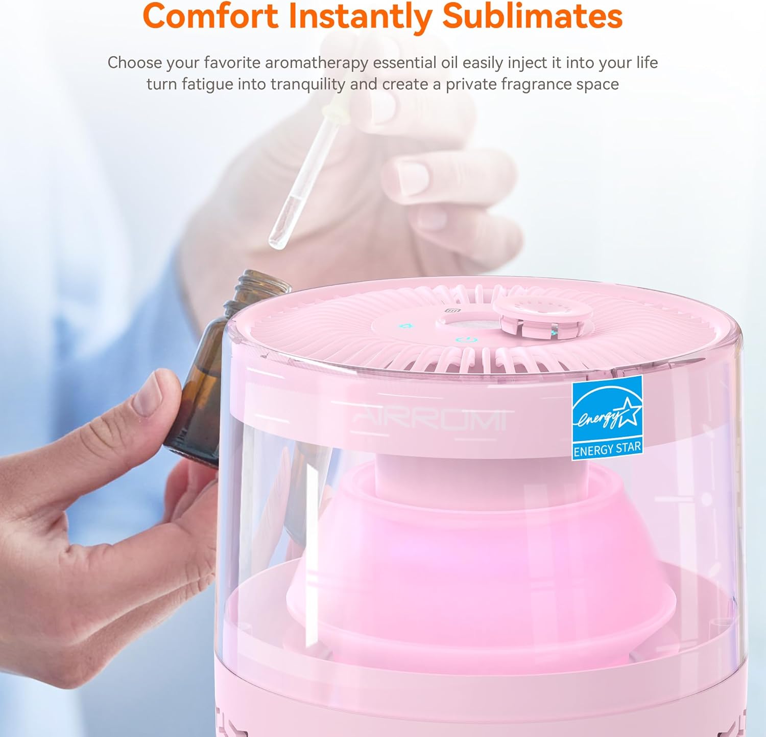 AIRROMI Air Purifiers for Bedroom Home,Up to 658 Ft²,Activated Carbon Filter Cleaner,With Fragrance Sponge for Better Sleep,Night Light,Pet Dander,Allergies,Smoke,Odor,Desktop Air Cleaner A2002 Pink