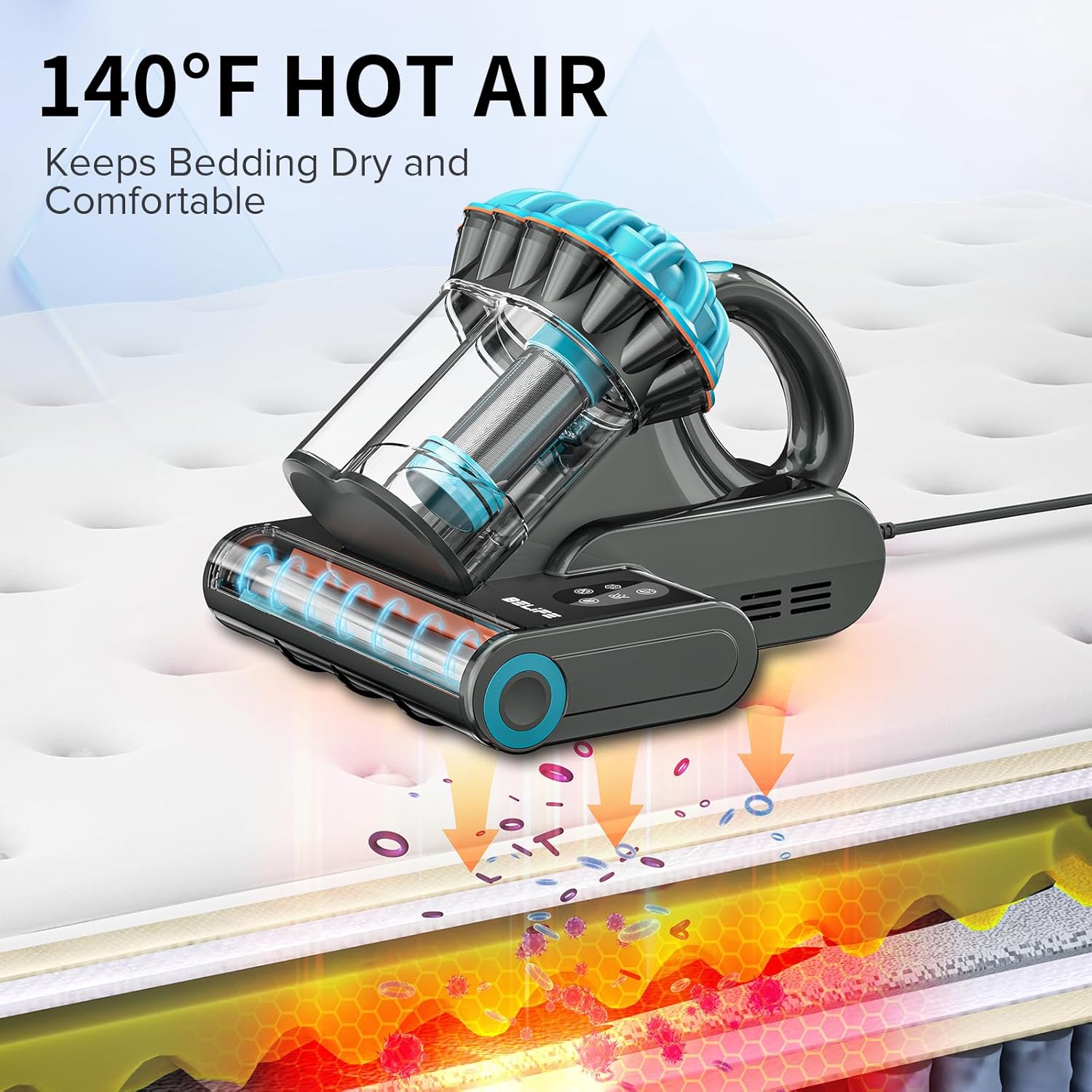Belife M8 Mattress Vacuum Cleaner, 18Kpa 550W Bed Cleaner with UV & Hot Air & HEPA Filter, High Heating Double-Cup Handheld Couch Cleaner for Sofa Pillow Crib Pet Hair, Corded