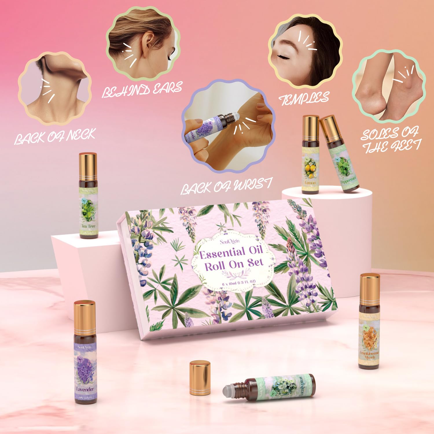 Essential Oil Roll On Set, Natural Aromatherapy Oils with Portable Roller Ball for Skin Care- Tea Tree, Frankincense & Myrrh, Lavender, Peppermint, Eucalyptus, Lemon - Gifts for Women & Men