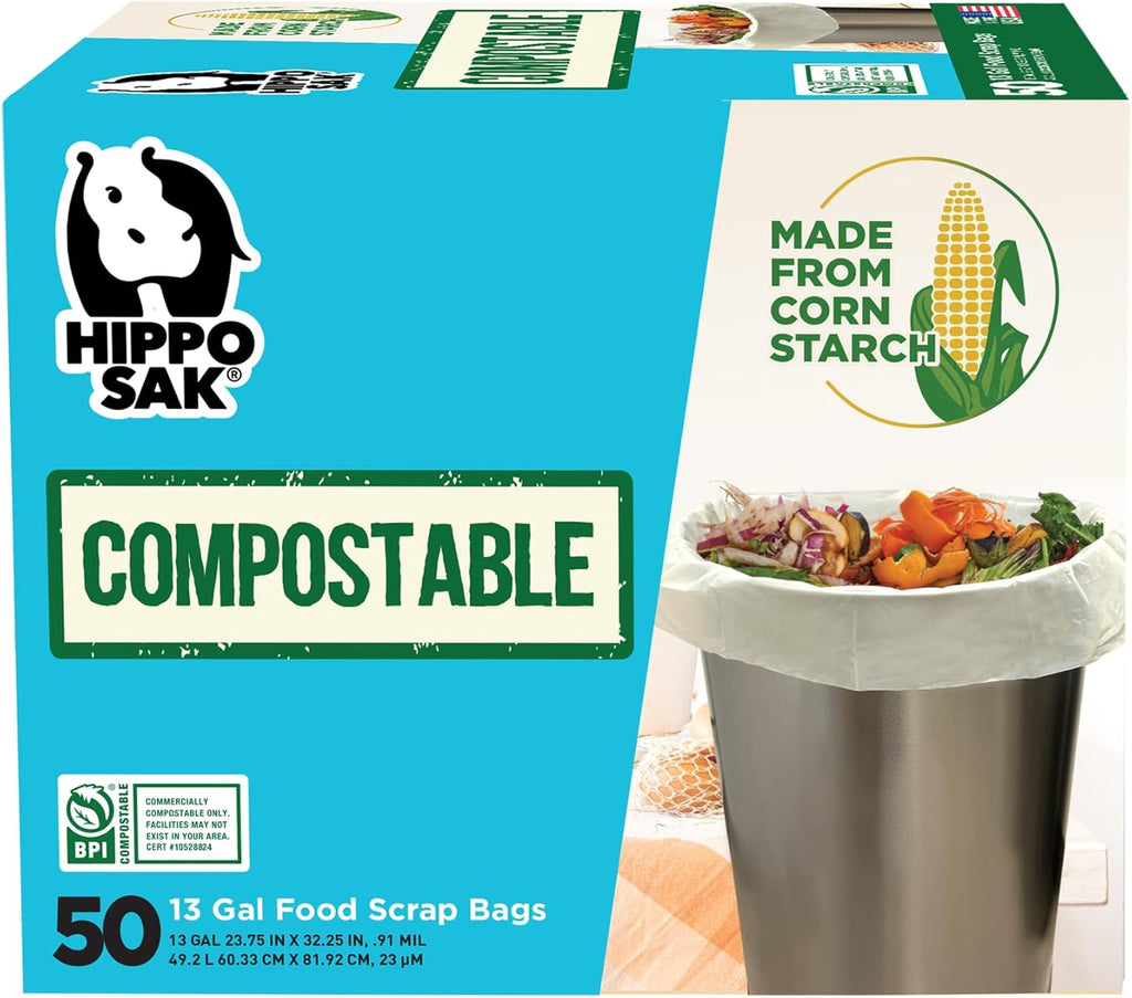 Hippo Sak - 13 Gallon Tall Kitchen Compostable Bags - Leak Proof Bags (50 Count)