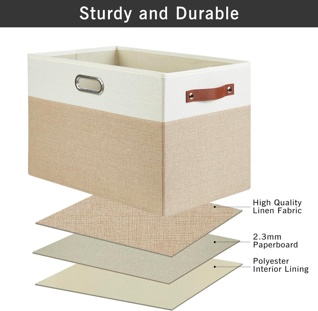 Large Collapsible Fabric Storage Bins with 3 Handles, Foldable Organizer Baskets for Closet, Shelves, Living Room | 3 Pack, Durable PU & Metal Handles (17"x11.8"x11.8", Beige & White)