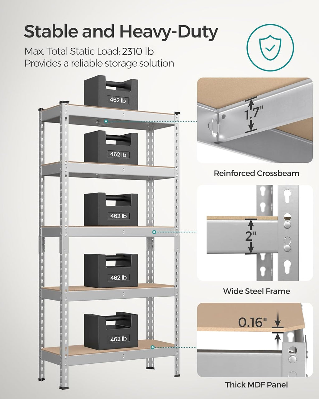 SONGMICS 5-Tier Storage Shelves, Load 2310 lb, Set of 2 Garage Storage, Boltless Assembly, Adjustable Shelving Unit, 11.8 x 29.5 x 59.1 Inches, for Study Shed Basement, Silver UGLR300E02