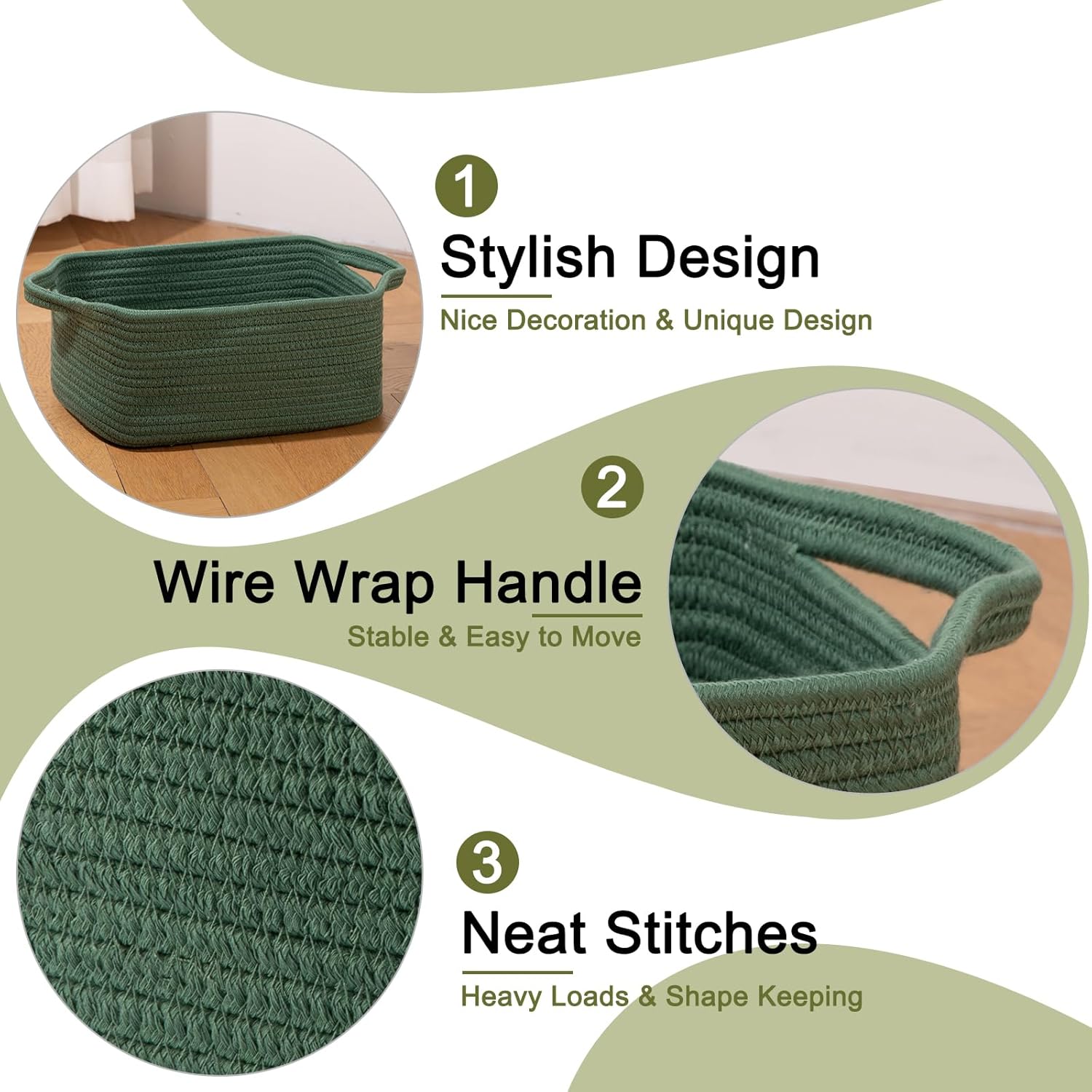 OIAHOMY Cotton Rope Woven Baskets for Storage, Nursery Rectangle Storage Basket with Handles for Shelves, Pack of 3, Green