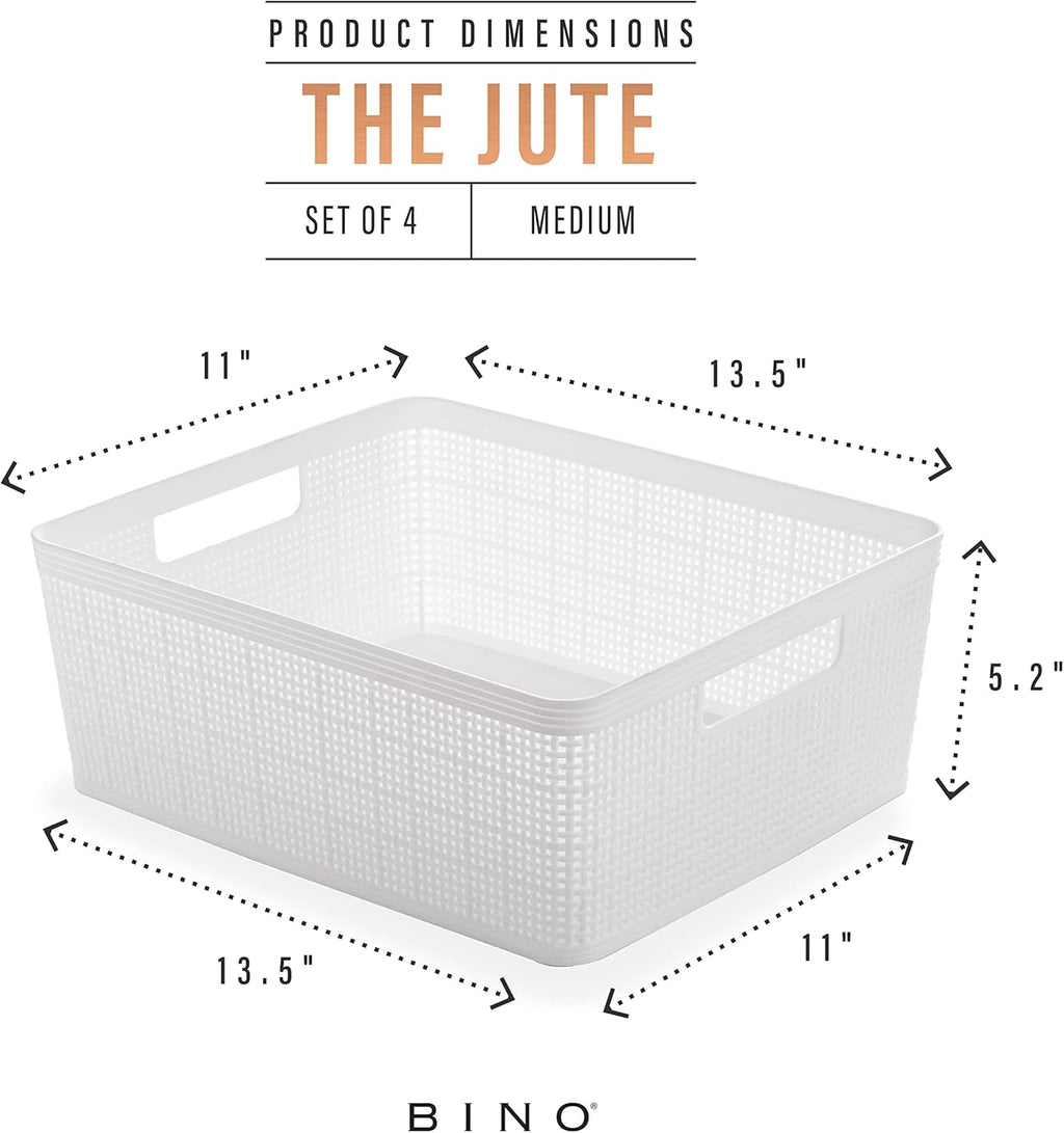 BINO | Woven Plastic Basket | Medium (White), 4-Pack | THE JUTE COLLECTION | Home Organization, Space - Saving Storage, Stylish Design | Jute Basket | Plastic Storage Basket