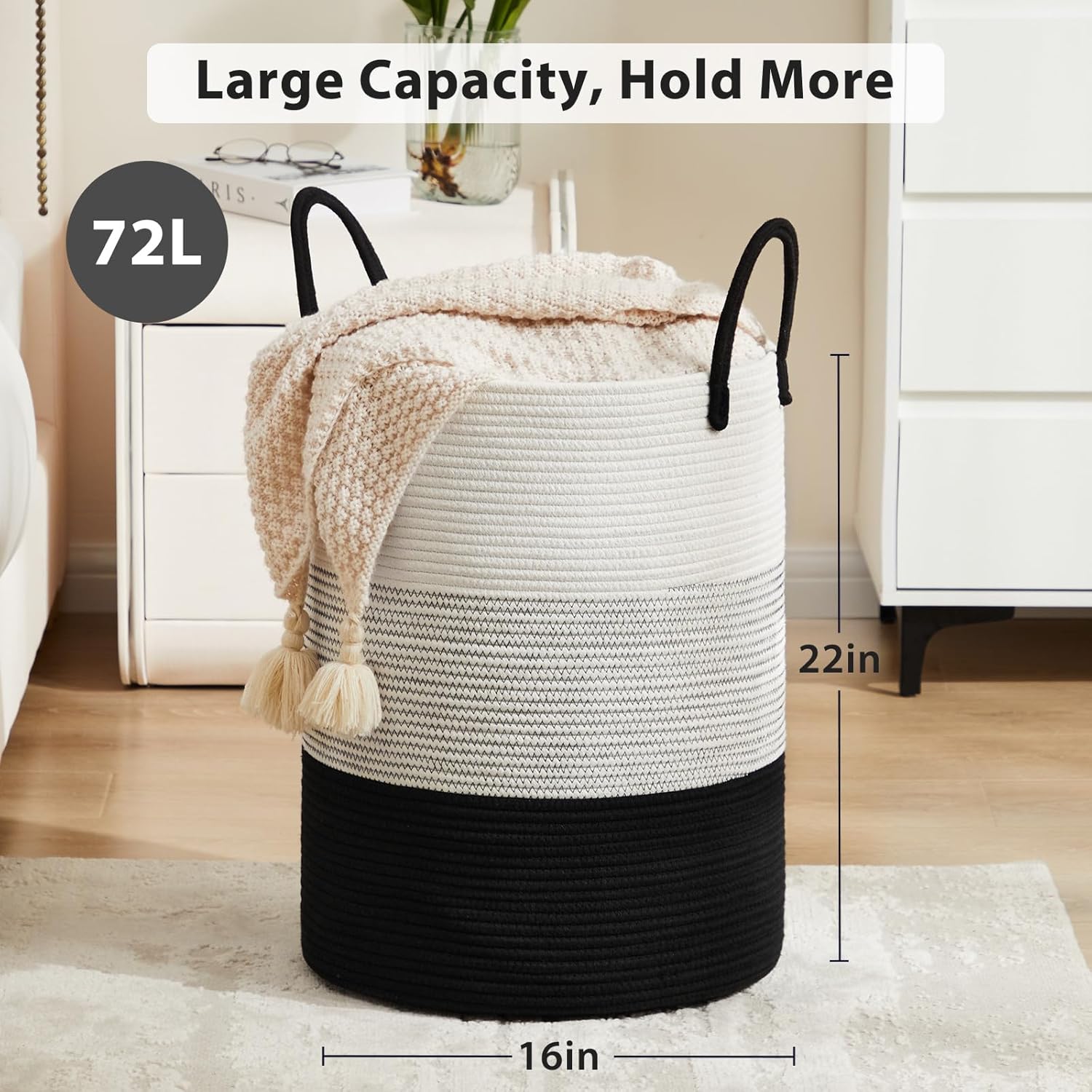 Fiona's magic Cotton Rope Laundry Hamper, Tall Woven Laundry Basket Storage, Baby Nursery Hamper for Blankets, Toys and Clothes Hamper for Bedroom and Living Room Organizing, 72L, Black & White