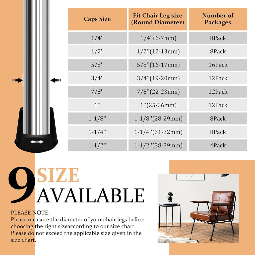 1-1/8” Round Rubber Chair Leg Tips Caps, Chair Leg Floor Protectors, Non-Slip Chairs Legs Caps, Stool Feet Protectors Cap, Folding Metal Chairs Legs Tip Replacement (Black, 8 Pack)
