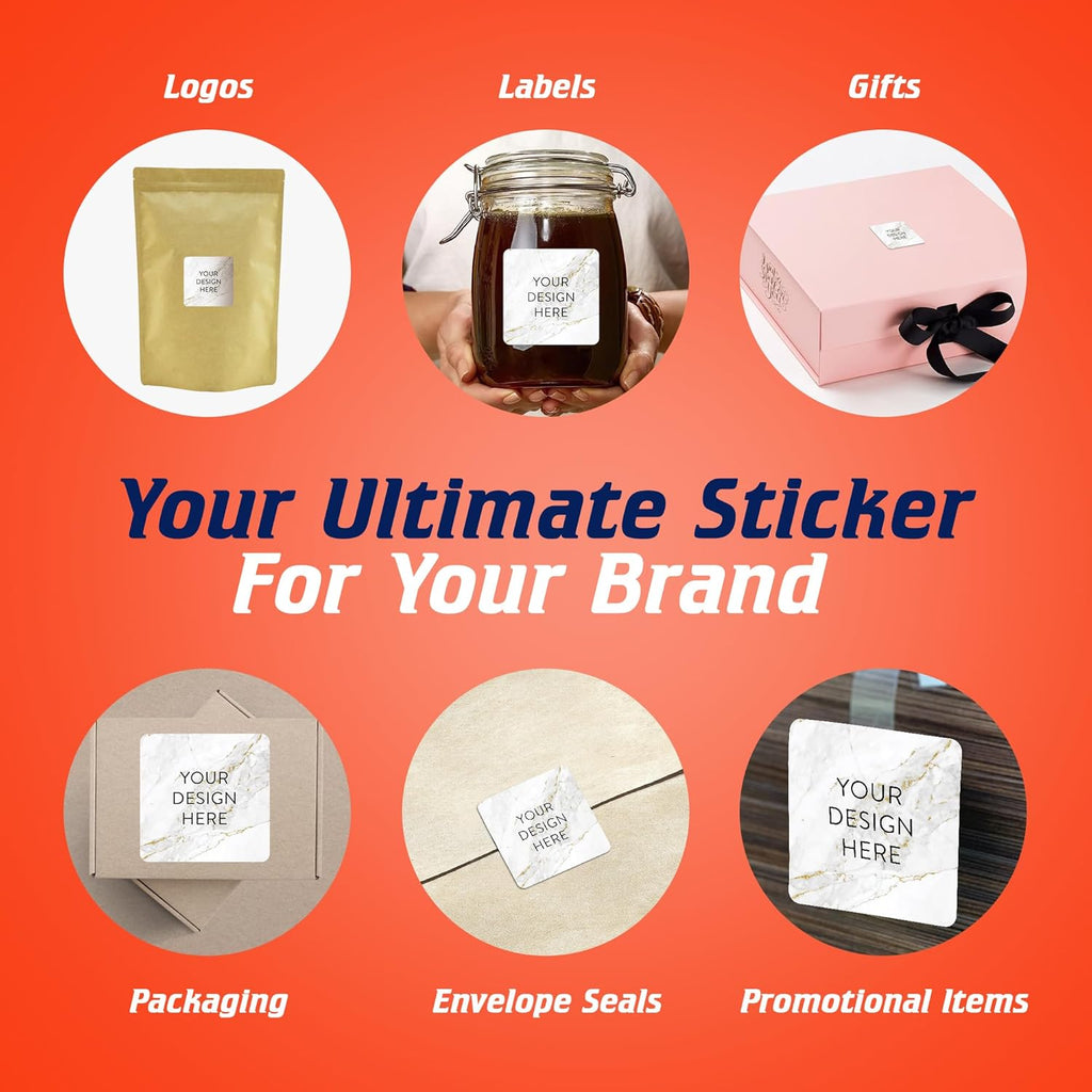 100 Custom Vinyl Stickers - Upload Your own Image, Text, Design, Logo - Personalized Logo Labels for Handmade, Packaging, Bottle, Jars, Candle, Brand Stickers (Gold Marble, 1.5x1.5 Square)
