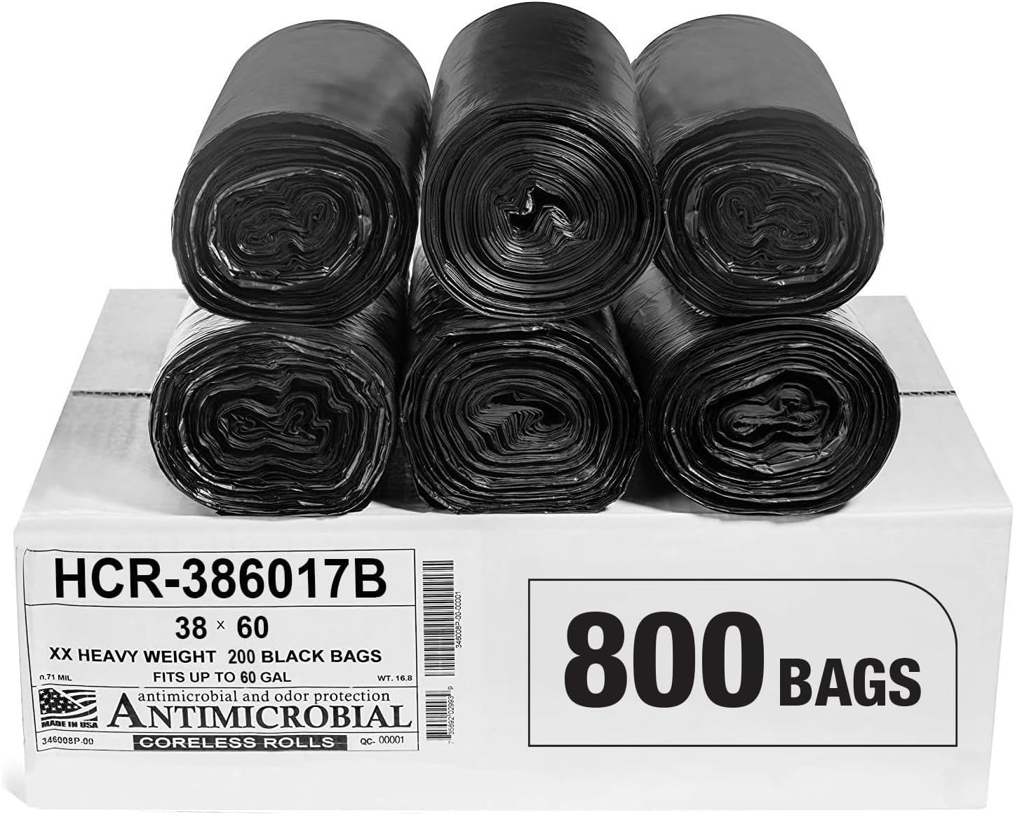 Aluf Plastics High Density Trash Bags, 60 Gallon, 800 Count, 17 Micron (eq), 38" x 60", Black, for Bathroom, Office, Industrial, Commercial, Janitorial, Municipal, Recycling
