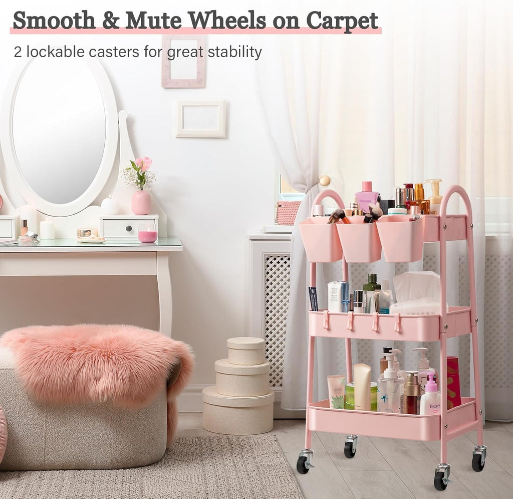 Danpinera 3-Tier Rolling Cart, Metal Storage Cart with Lockable Wheels, Hanging Cups & Hooks, Mobile Trolley for Kitchen, Bathroom, Office, Workshop, Pink