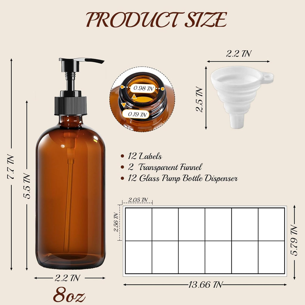 12 Pack Amber Glass Bottles 8oz with Pump Dispensers, Refillable Empty Pump Bottles for Bathroom, Kitchen, Shampoo, Soap, Lotion – Includes 2 Funnels & 12 Labels