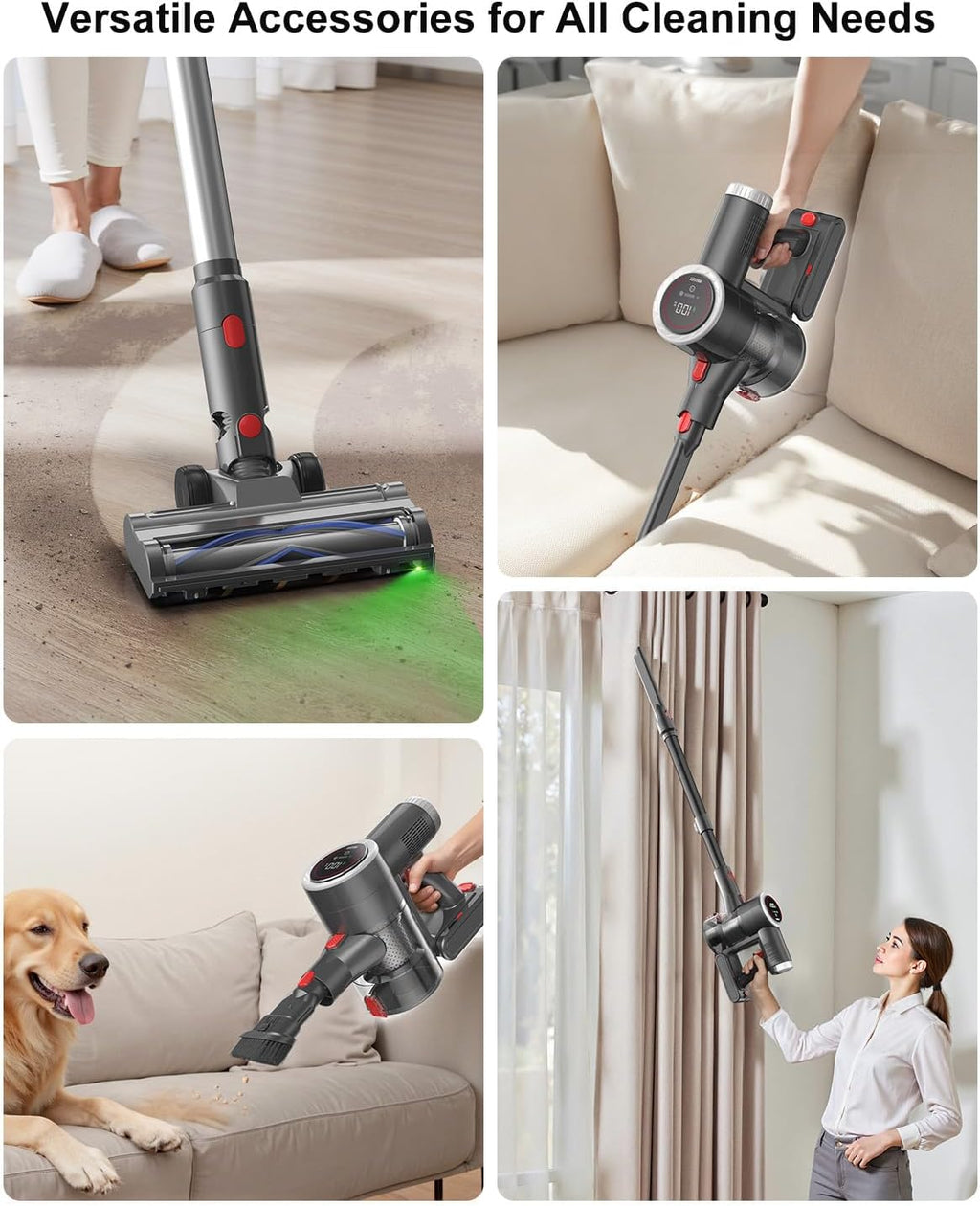 Cordless Vacuum Cleaner, 6-in-1 Lightweight Stick Vacuum with 45mins Runtime, LED Display & Light, Self-Standing, Rechargeable Cordless Vacuum for Carpet, Tile, Pet Hair, Hardwood Floors (Gray)