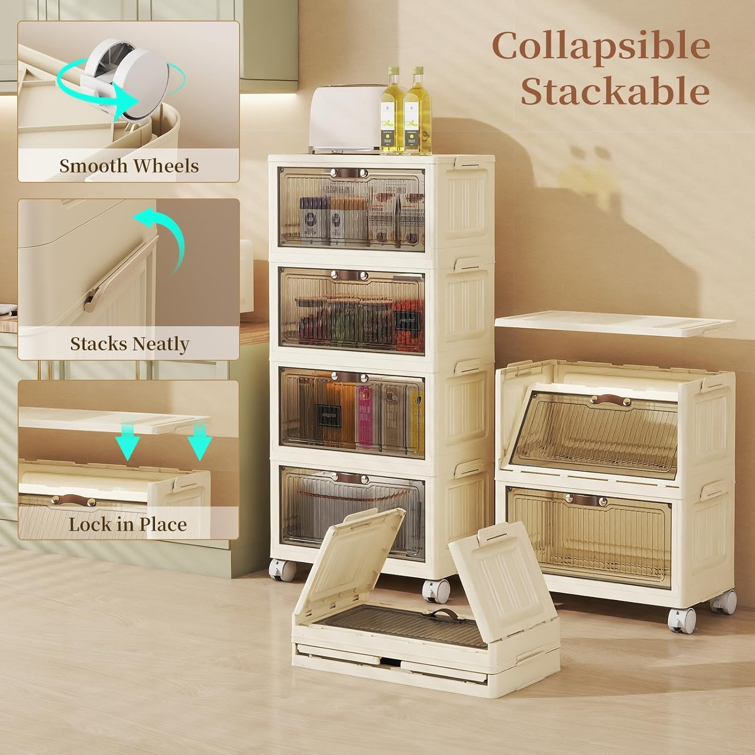 4 Tier - 34QT Storage Bins with Lids, Collapsible Storage Bins with Doors and Wheels, Plastic Storage Cabinet for Easy Storage and Organization for Living Room, Office