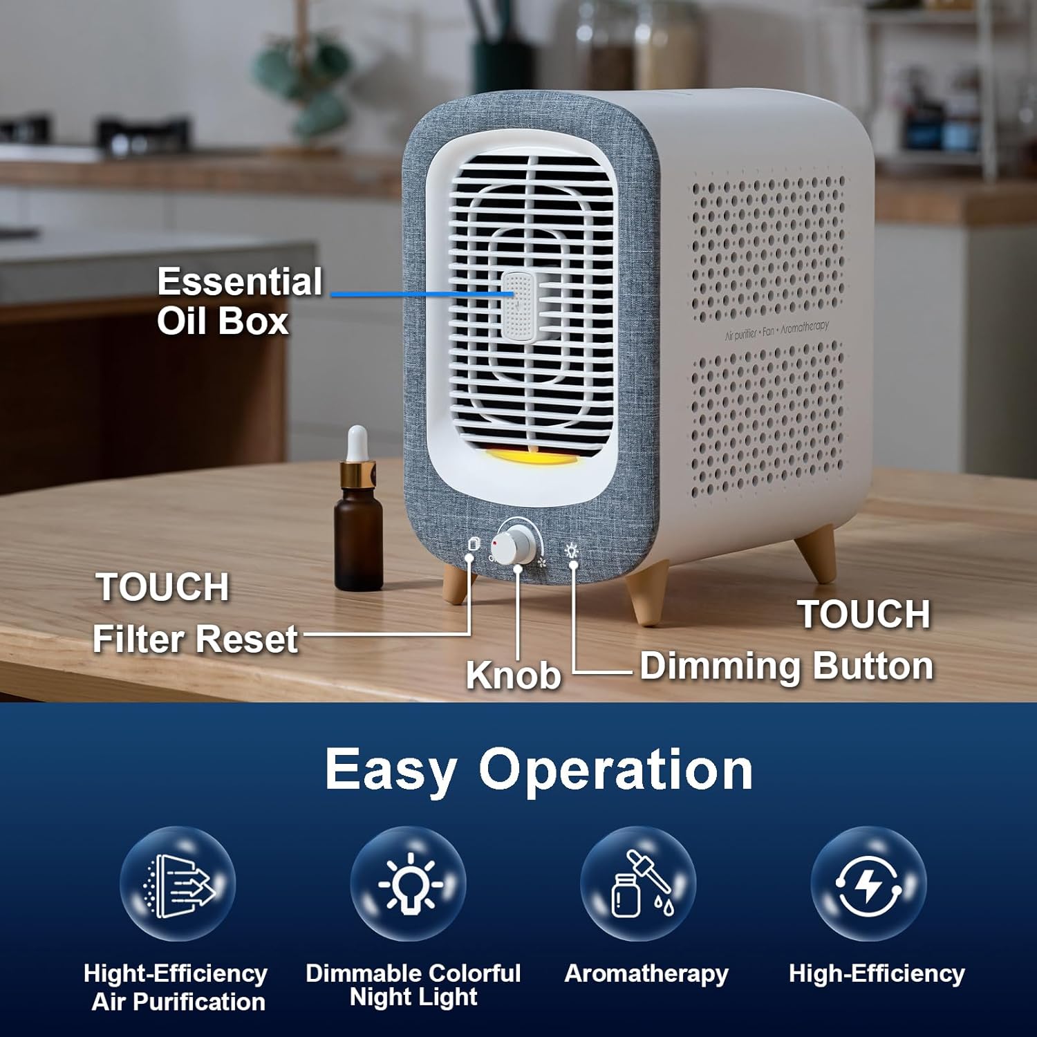 Jafanda Air Purifier for Home Bedroom 780sq ft, HEPA & Activated Carbon, Air Cleaner with Fragrance Sponge & Nightlight for Smoke, Allergies, Dust, Odor, VOC, Pet Dander, Pollen, Office, Desktop,Grey