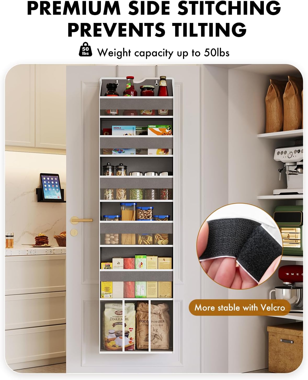 Over The Door Organizer Hanging - 6 Shelf Over Door Organizers with 6 Clear Front & 12 Side Pockets - Swing-proof 50LB Load Behind Door Storage for Closet Bedroom Bathroom Nursery Baby Essentials