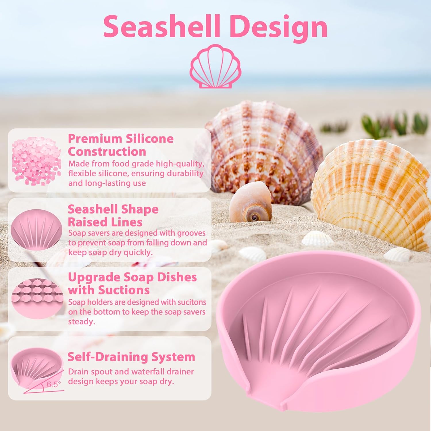 Self Draining Soap Dish, Silicone Suction Cup Soap Holder Tray Savers Container Sponge Holder for Bar Bathroom Shower Kitchen Sink, Can Extend Soap Life (1, Pink)