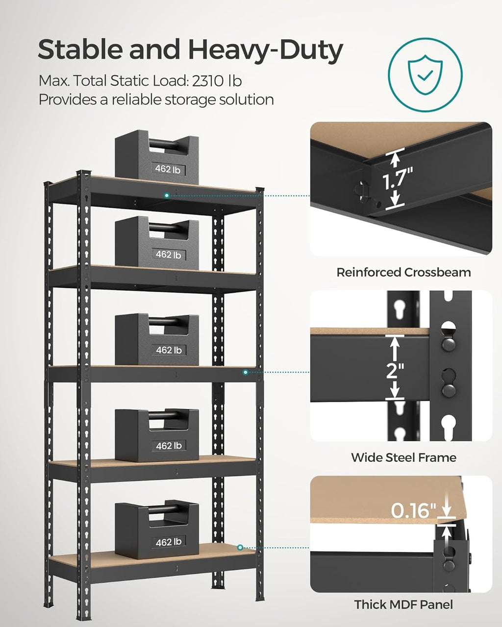 SONGMICS 5-Tier Storage Shelves, Load 2310 lb, Set of 2 Garage Storage, Boltless Assembly, Adjustable Shelving Unit, 11.8 x 29.5 x 59.1 Inches, for Study Shed Basement, Black UGLR300B02