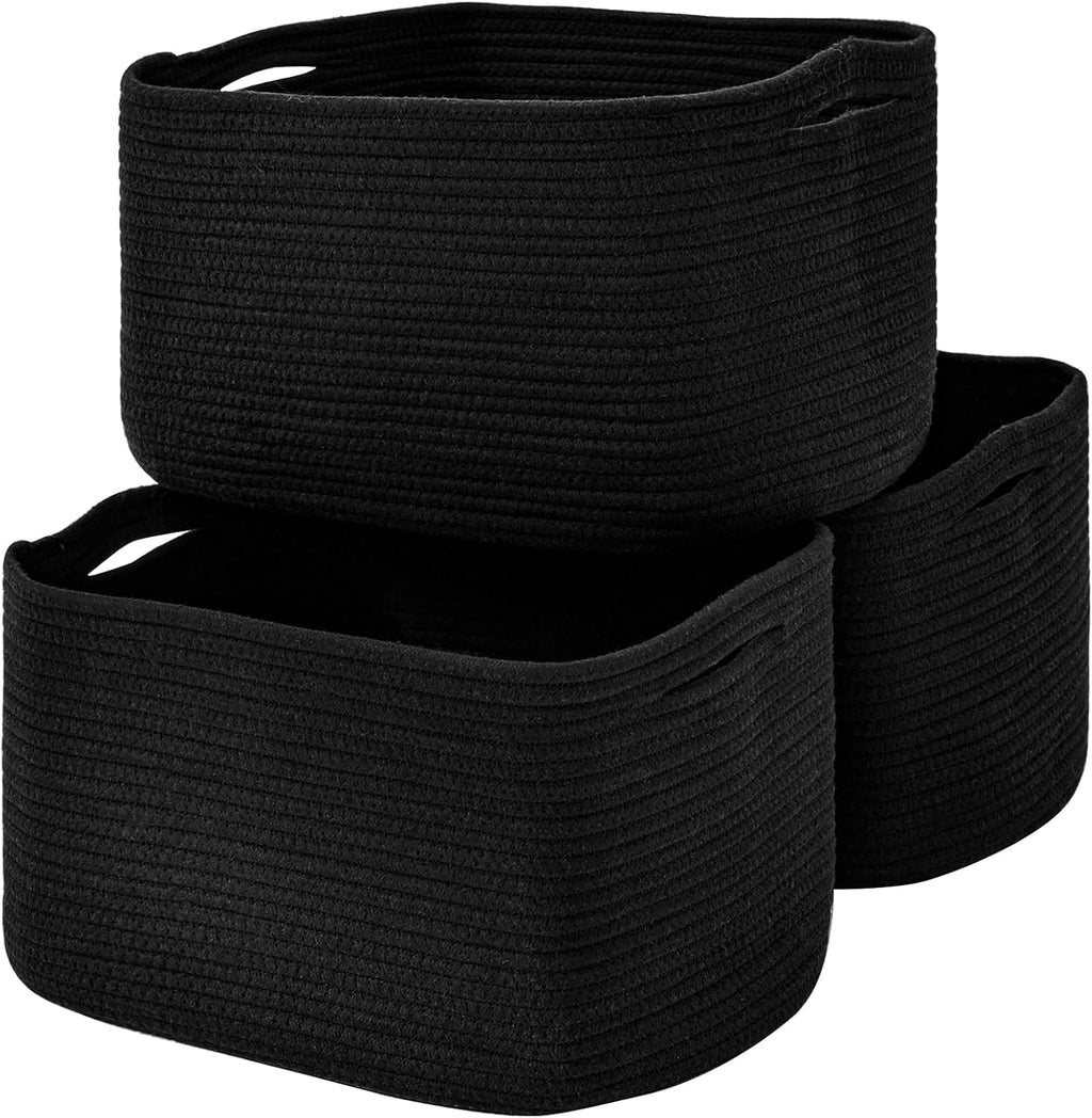 Large Storage Baskets for Organizing Shelves, Woven Cotton Rope Bins for Baby Nursery Organization, Book Toy Towel Organizer, 17"x13"x9.5", 3 Packs, Black