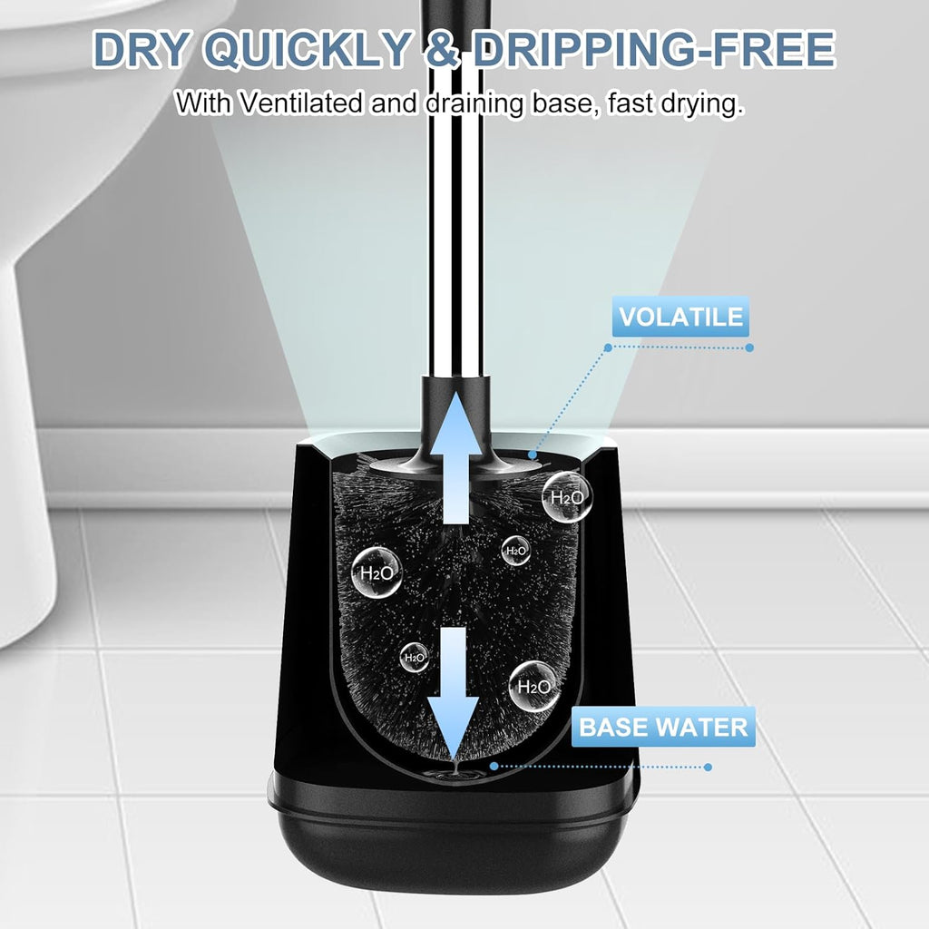 SetSail Toilet Brush and Holder, Self Closing Lid Toilet Bowl Brushes Holder and Extra Long Handle Ventilated Toilet Brush Set for Bathroom Cleaning, Nylon Bristles, Black