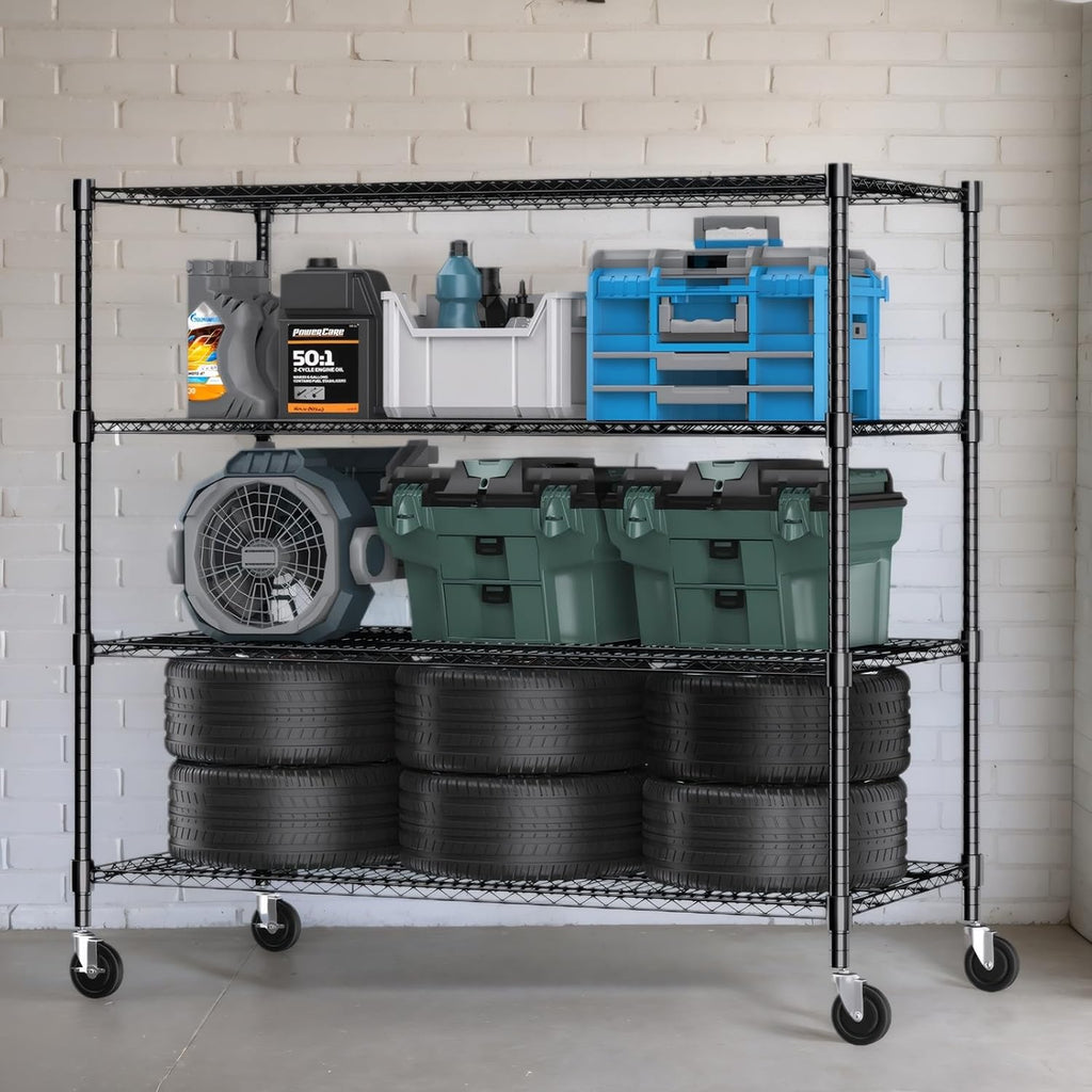 Himimi 4 Tier Wire Shelving with Wheels Heavy Duty Height Adjustable Metal Shelves for Storage, Commercial Grade Steel Utility Wire Rack for Kitchen Garage Pantry Organization-24×48×72, Black