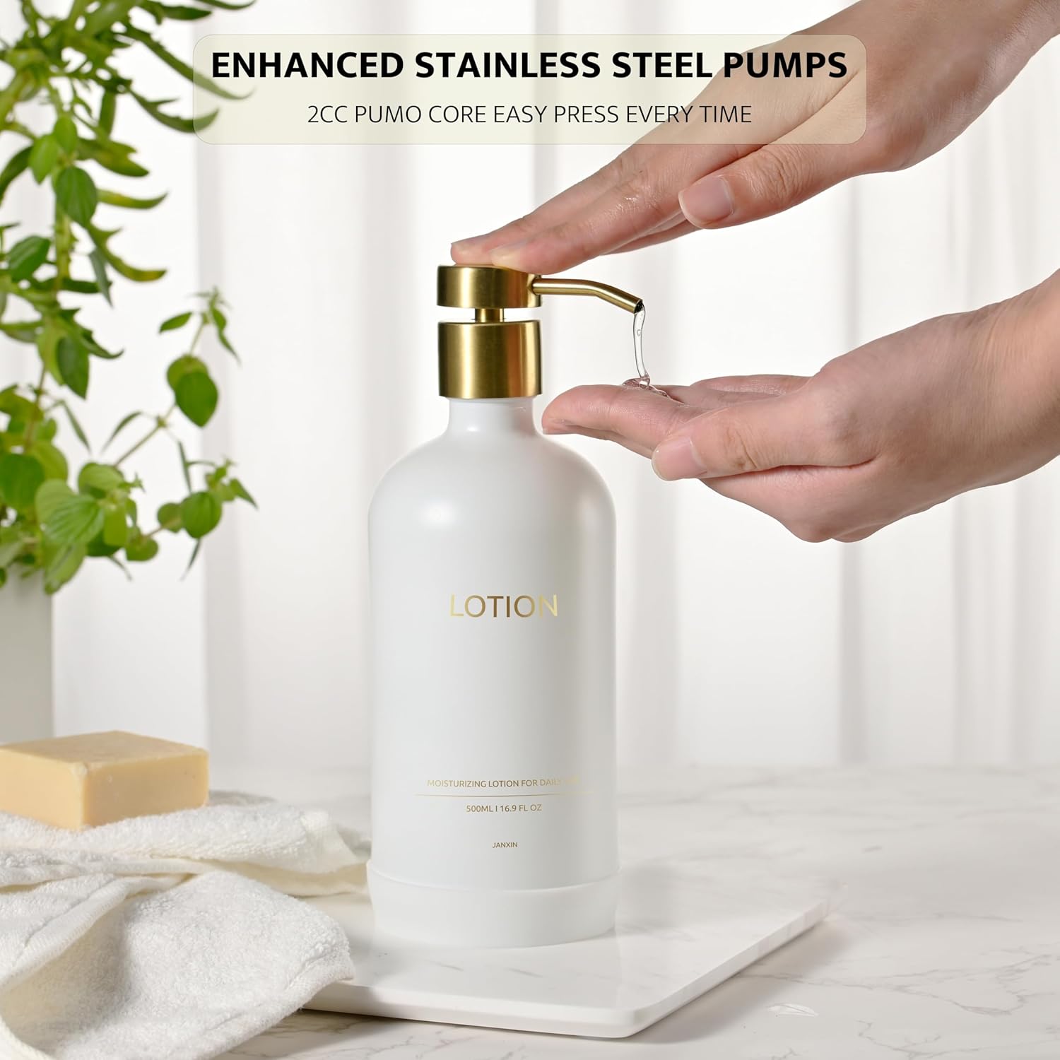 Glass Soap Dispenser Set by Janxin,Bathroom Soap Dispenser Set with Ceramic Tray,Luxury Bathroom Accessories,Modern Kitchen Decor (White+Gold(Lotion))