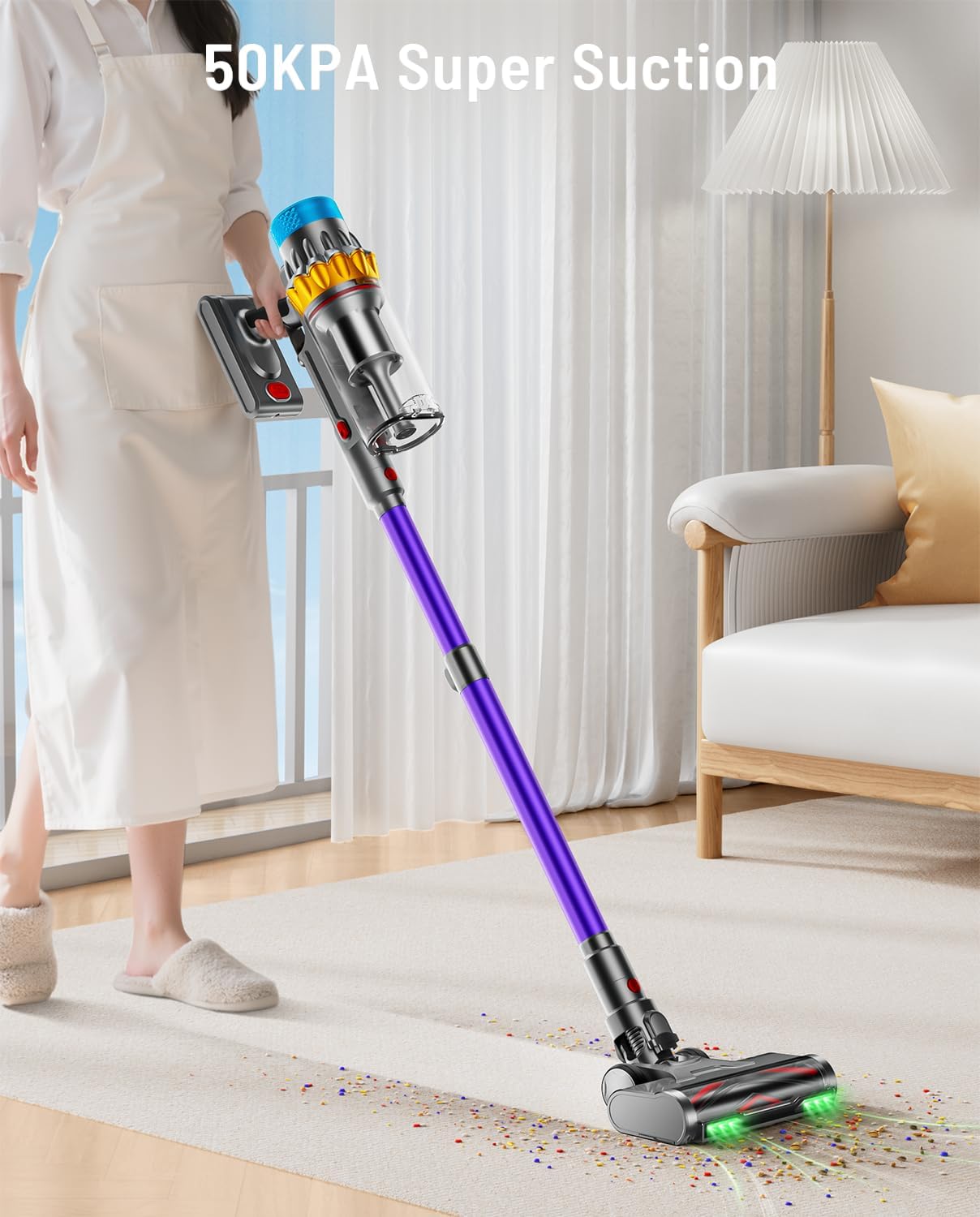 Cordless Vacuum Cleaner, 600W 50KPA 70Min Powerful Vacuum Cleaners for Home, Self-Standing Stick Vacuum Cordless Rechargeable/ Anti-Tangle/OLED Screen/1.8L Cup for Home Pet Hair/Carpet/Hardwood Floor