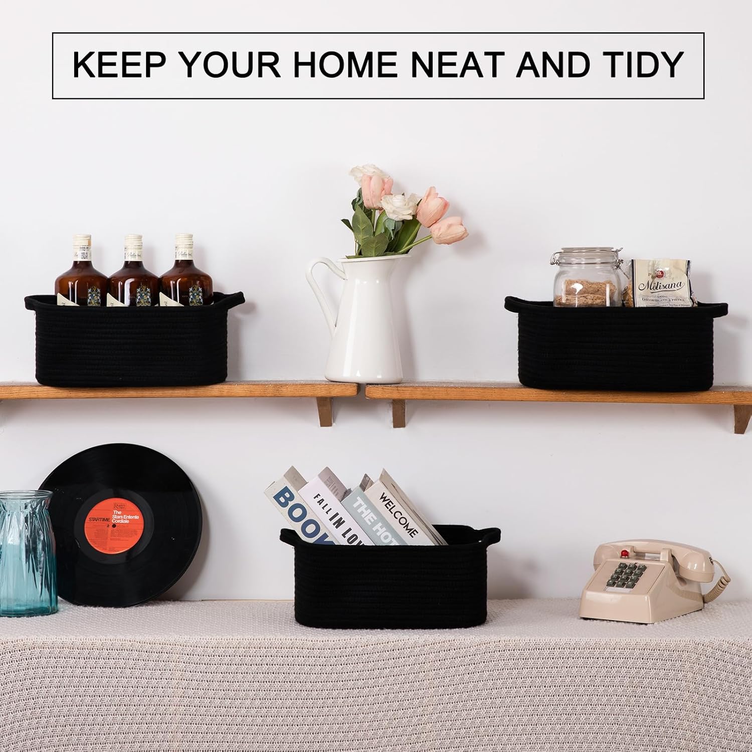 OIAHOMY Cotton Rope Woven Baskets for Storage, Nursery Rectangle Storage Basket with Handles for Shelves, Pack of 3, Black