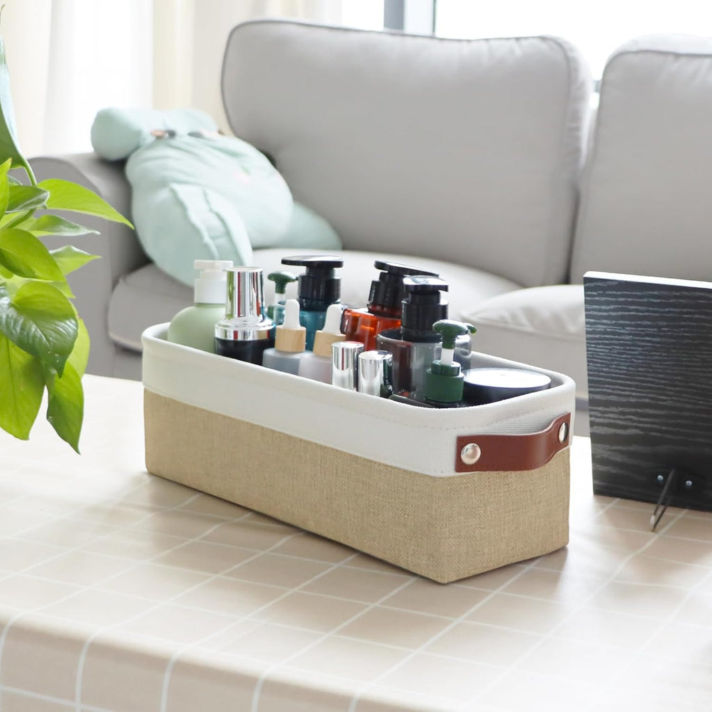 Univivi 4PC Long Narrow Storage Baskets, Small Fabric Storage Bins with PU Handles for Closet,Cabinet,Countertop Organizing Small Items(Khaki-15x6x5 inch)