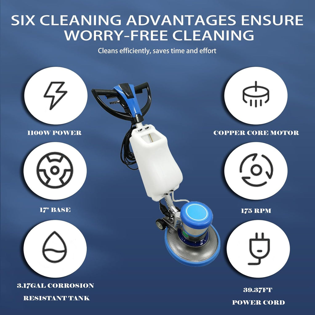 110V Floor Polisher Commercial Floor Scrubber Machine, Carpet Buffer Scrubber with 3.1gal Water Tank and 17" Base 175Rpm 1100W, for Marble/Cement/Epoxy/Rubber Floors/Wood