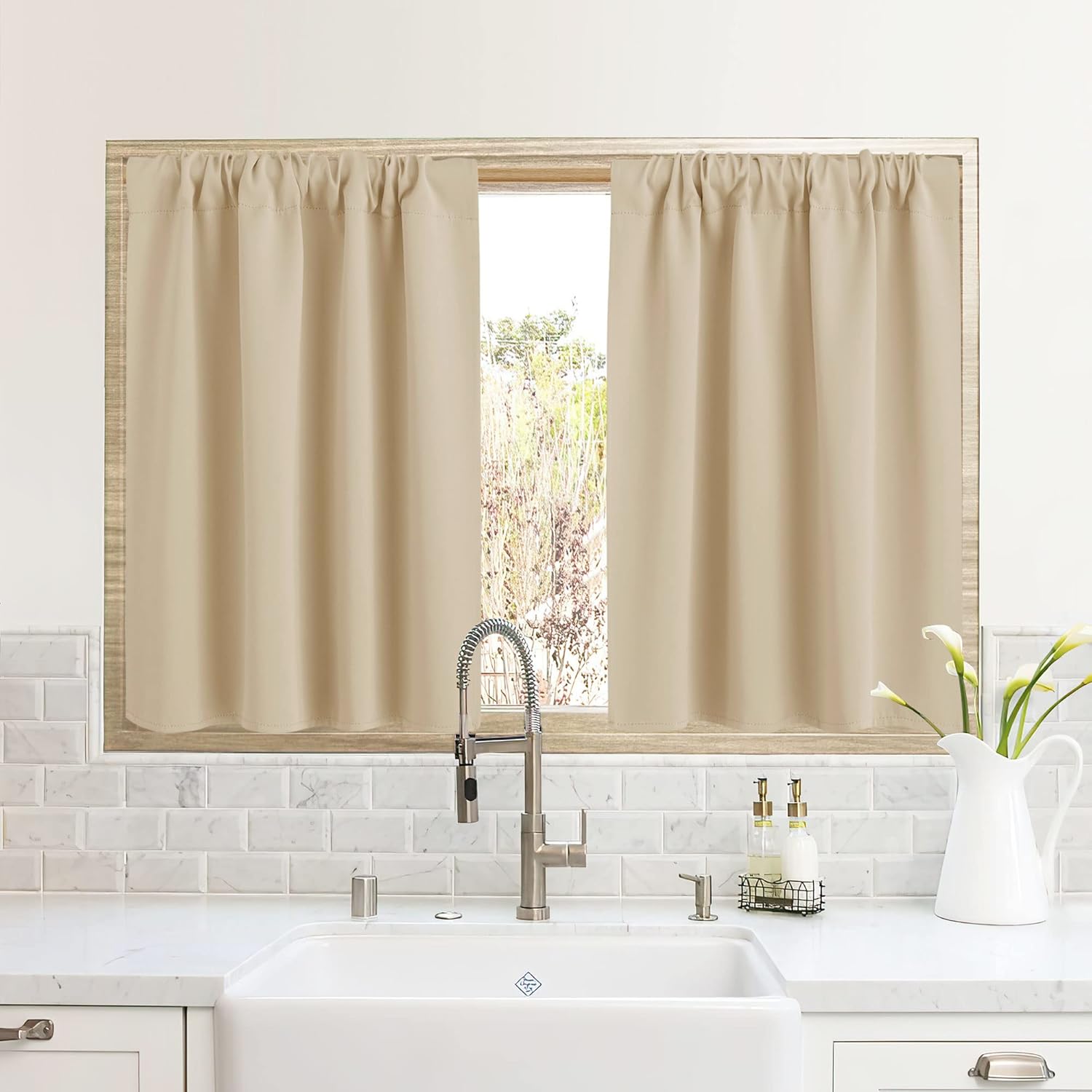 RYB HOME RV Camper Door Window Curtains -Blackout Privacy Curtains & Drapes for Bathroom Bedroom Kitchen Portable Travel Trailer Small Window Decor, W 34 x L 24, Biscotti Beige, 2 Panels