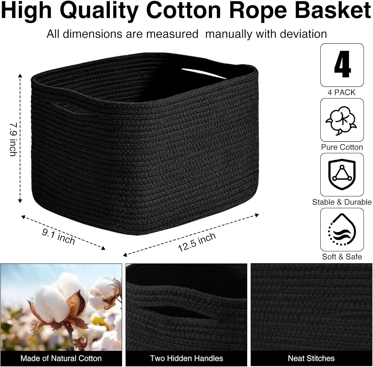 Black Storage Baskets for Shelves, Small Storage Baskets for Organizing, Woven Cotton Rope Baskets for Storage, Book Basket, Decorative Shelf Basket, 12.5"Lx9.1''Wx7.9''H (4 Packs) Black