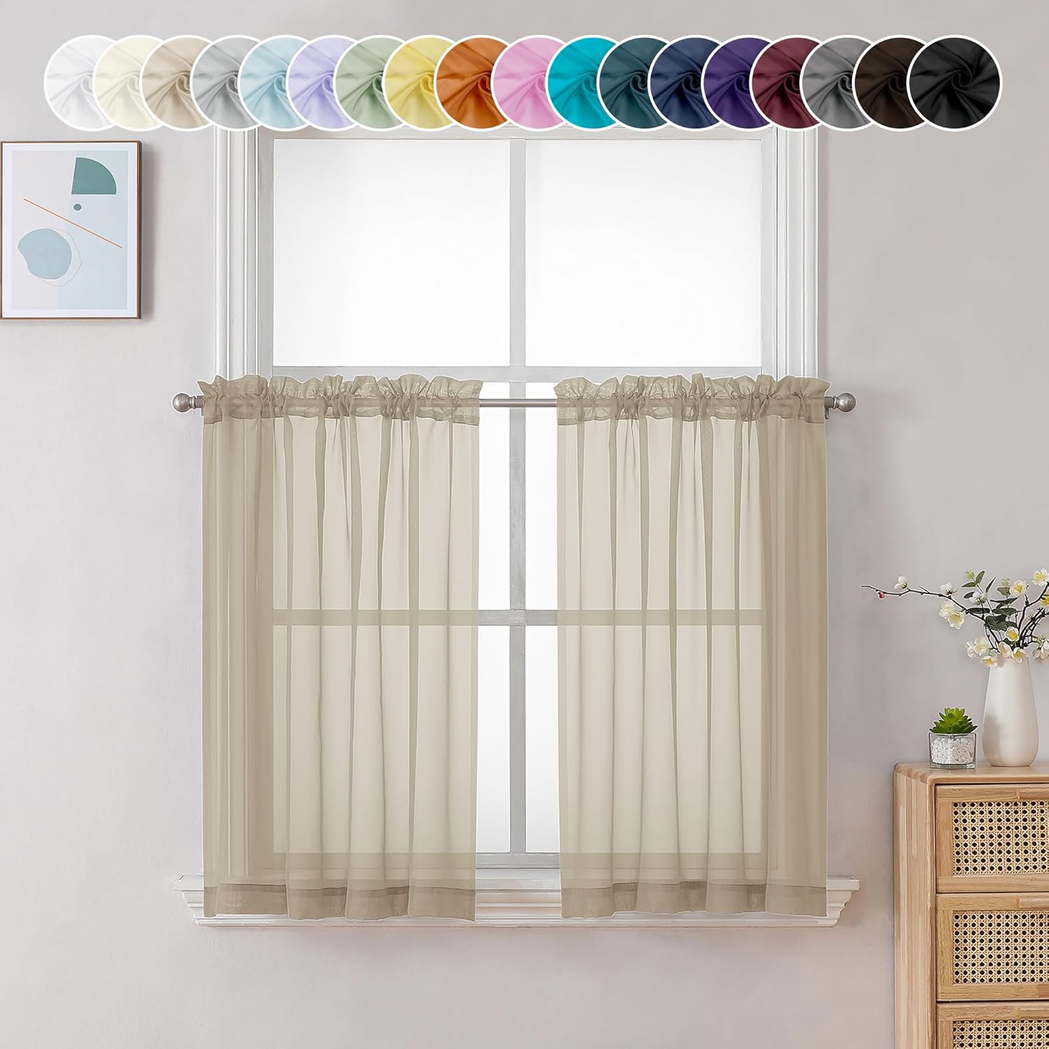 Chyhomenyc Taupe Sheer Curtains 24 Inch Length, Short Window Curtains for Bathroom Living Room Basement, Light Filtering Small Cafe Curtains, 42W x 24L Inches, 2 Panels