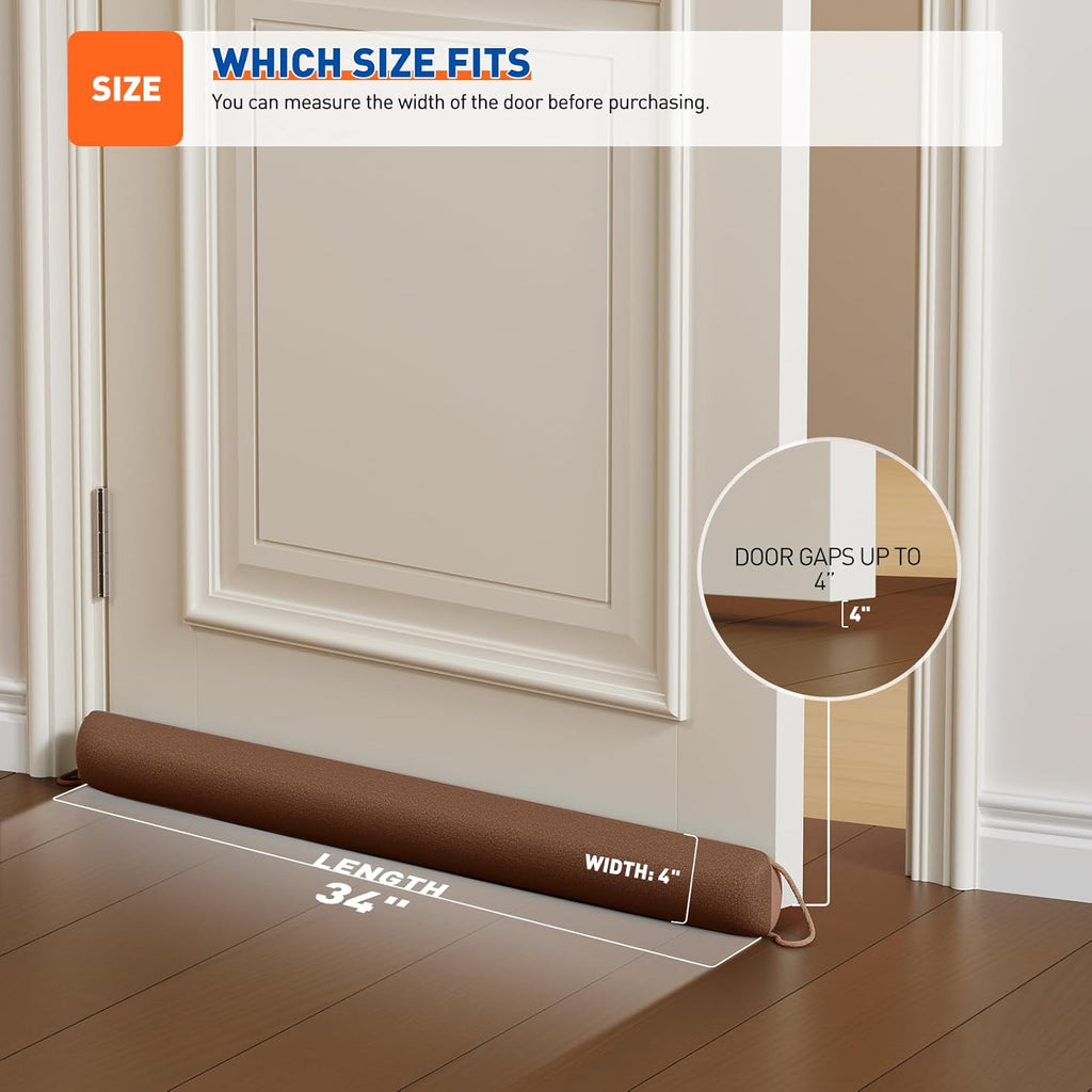 MAGZO Door Draft Stopper, 34 Inch Under Door Draft Blocker Noise Stopper, Weighted Wind Blocker Draft Guard for Bottom of Door, Brown
