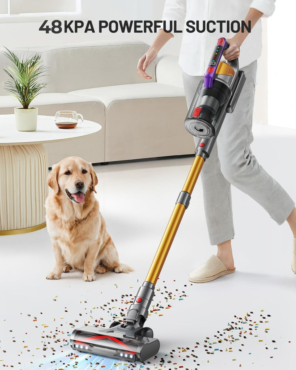 Cordless Vacuum Cleaner, 580W 48KPA 70Mins Vacuum Cleaners for Home, Self-Standing Stick Vacuum with Aromatherapy & LED Display Screen, Stick Vacuum Cordless Rechargeable for Pet Hair/Carpets (Gold)